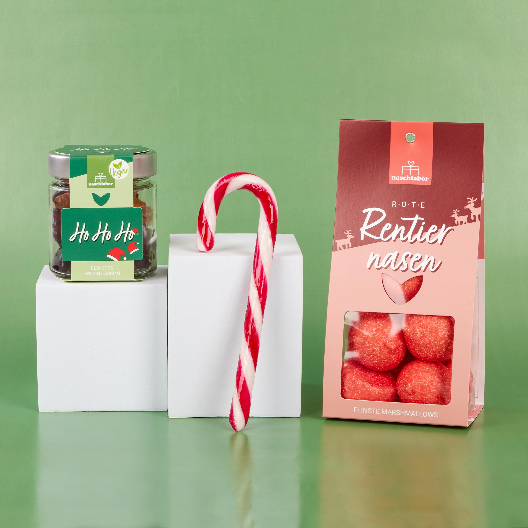 3er Set Zuckerstange, Marshmallows Rentiernasen & vegane Fruchtgummis Ho Ho Ho | Festliches Weihnachts-Set | Geschenkidee für Kinder, Freunde & Kollegen | Perfekt für Advent, Nikolaus & Weihnachten