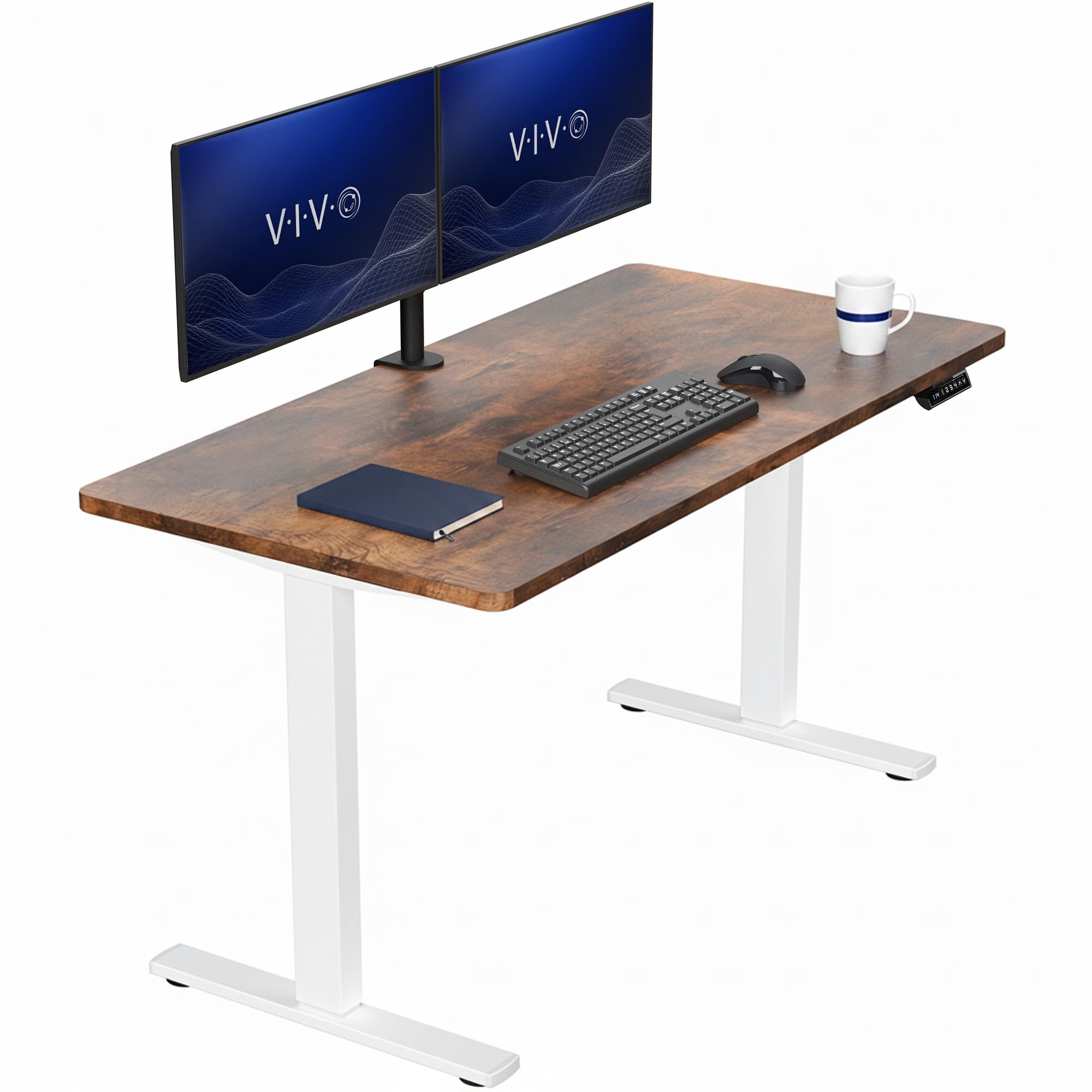 VIVO Rustic Vintage Brown 55 x 28 in Standing Desk, DESK-KIT-1W55N | Electric, Holds 220 lbs, Sit Stand, Height Adjustable, Solid One-Piece Table Top, Memory Presets, 1B Series, White Frame