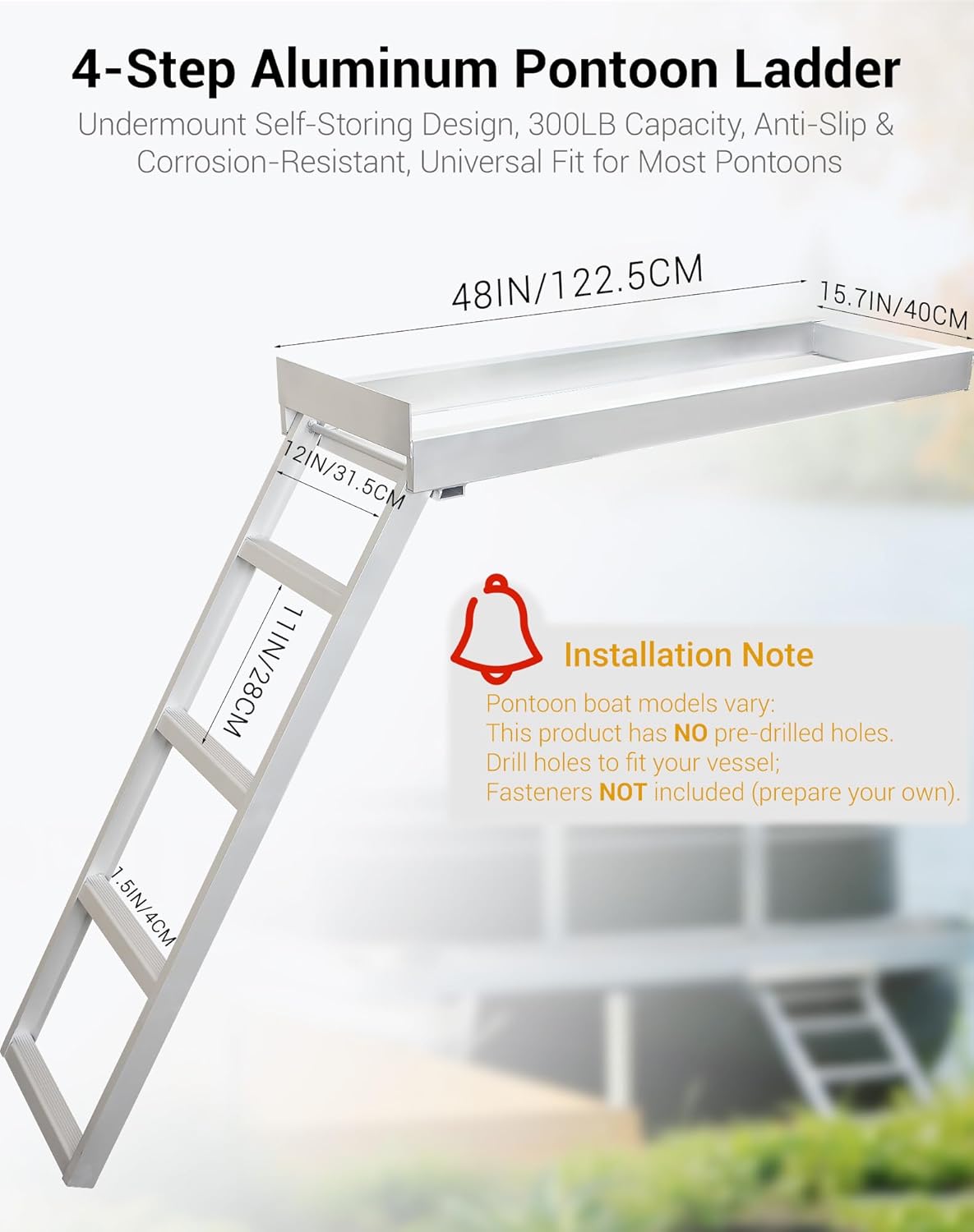 Heavy-Duty 4-Step Aluminum Pontoon Ladder – Undermount Self-Storing Design, 300LB Capacity, Anti-Slip & Corrosion-Resistant, Universal Fit for Most Pontoons