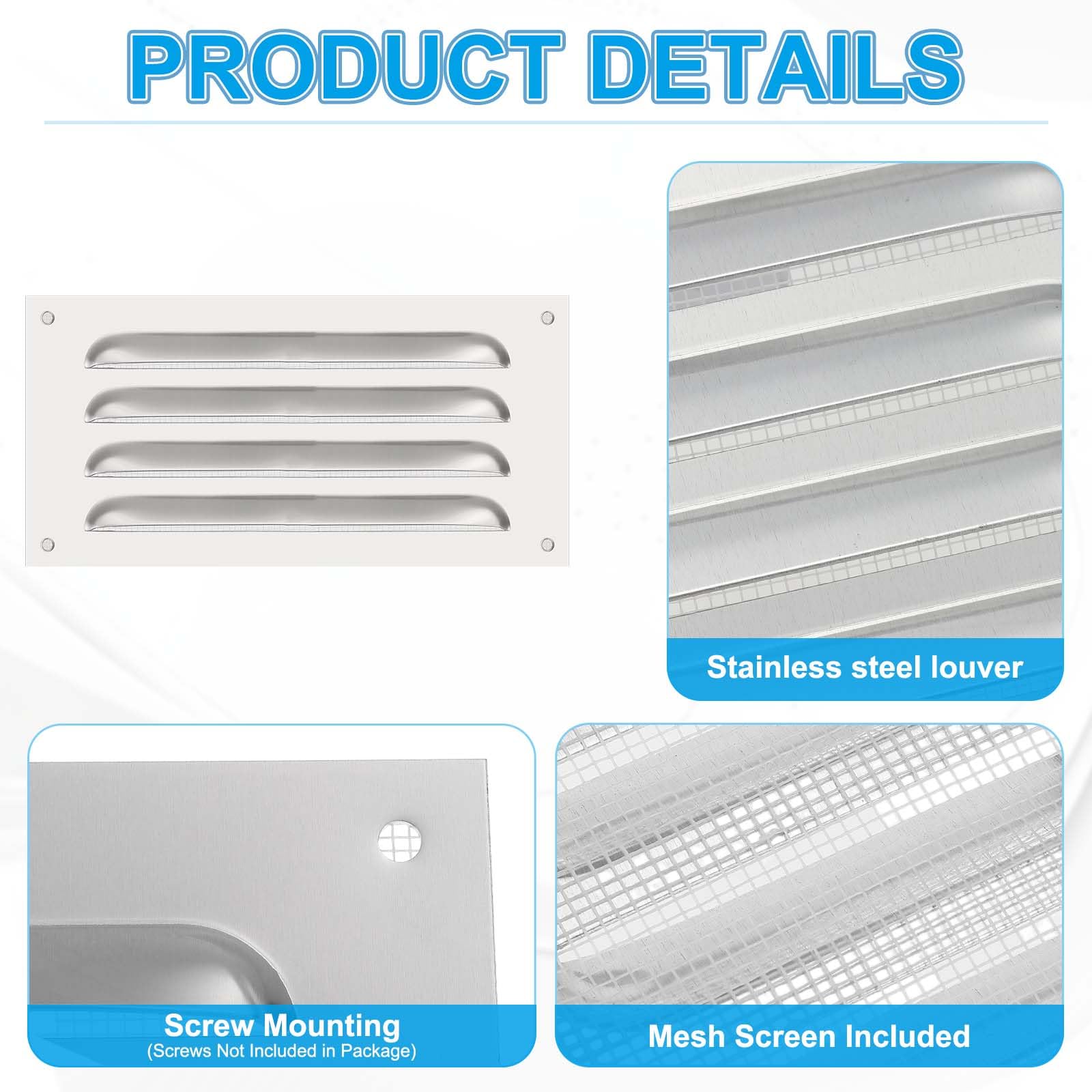 PATIKIL 4x8 Inch Stainless Steel Vent Cover, Screen Air Grille Ventilation Cover HVAC Louvered Grill Built-in Mesh for Home Kitchen Fireplace Bathroom Wall Ceiling, Silver - Image 3