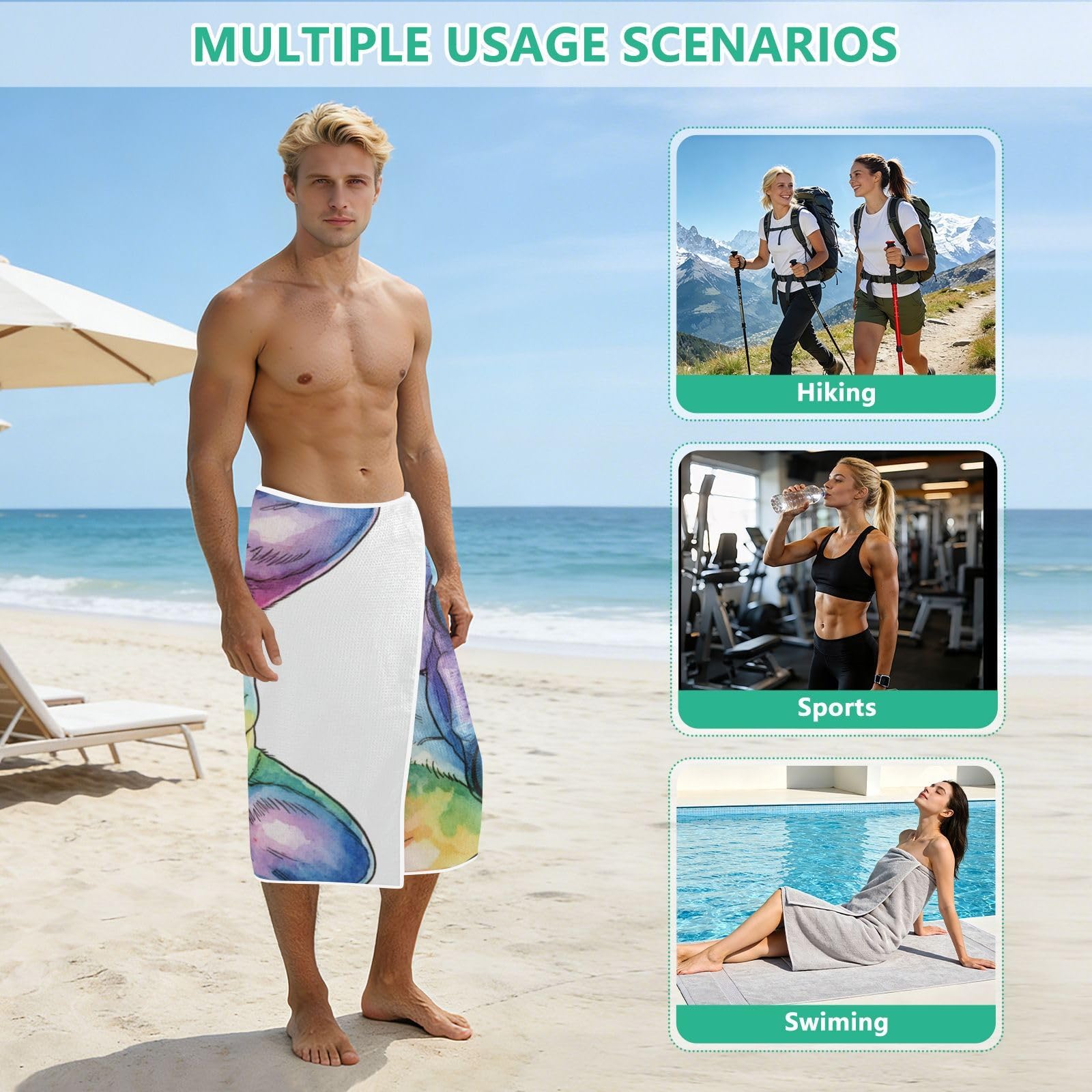 Grandes serviettes de plage avec sacs en maille pour adultes, jolie serviette de bain aquarelle avec fermeture magnétique, anti-sable, absorbante à séchage rapide pour piscine, camping et voyage