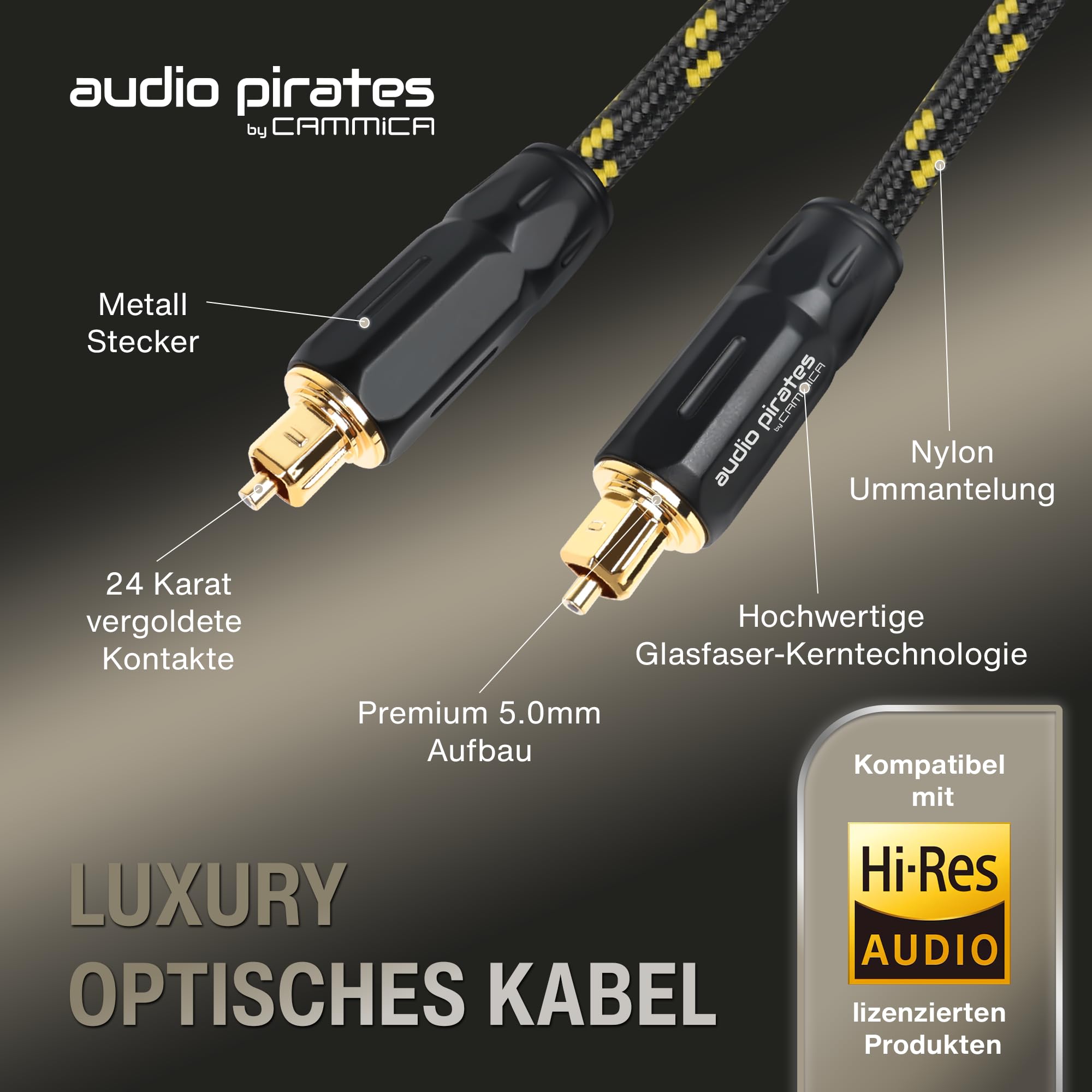 audio pirates Cable óptico de audio Toslink y digital, cable óptico y spdif chapado en oro de 24 K, carcasa de metal OD 6,0 mm, color negro y dorado (paquete de 2 unidades, 7,5 metros)