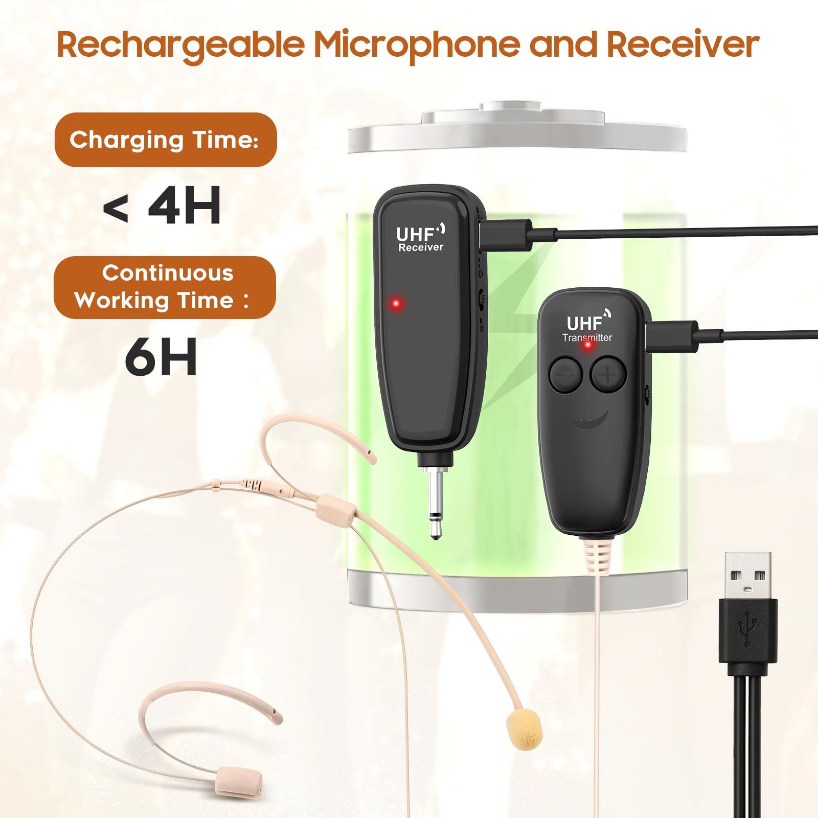Microfono Senza Fili, Microfoni Archetto Wireless UHF con Tonalità Della Pelle, Microphone Amplificatori Vocali Beige, 50m di Portata, per Insegnanti, Guide Turistiche, Personal Trainer, Conferenze