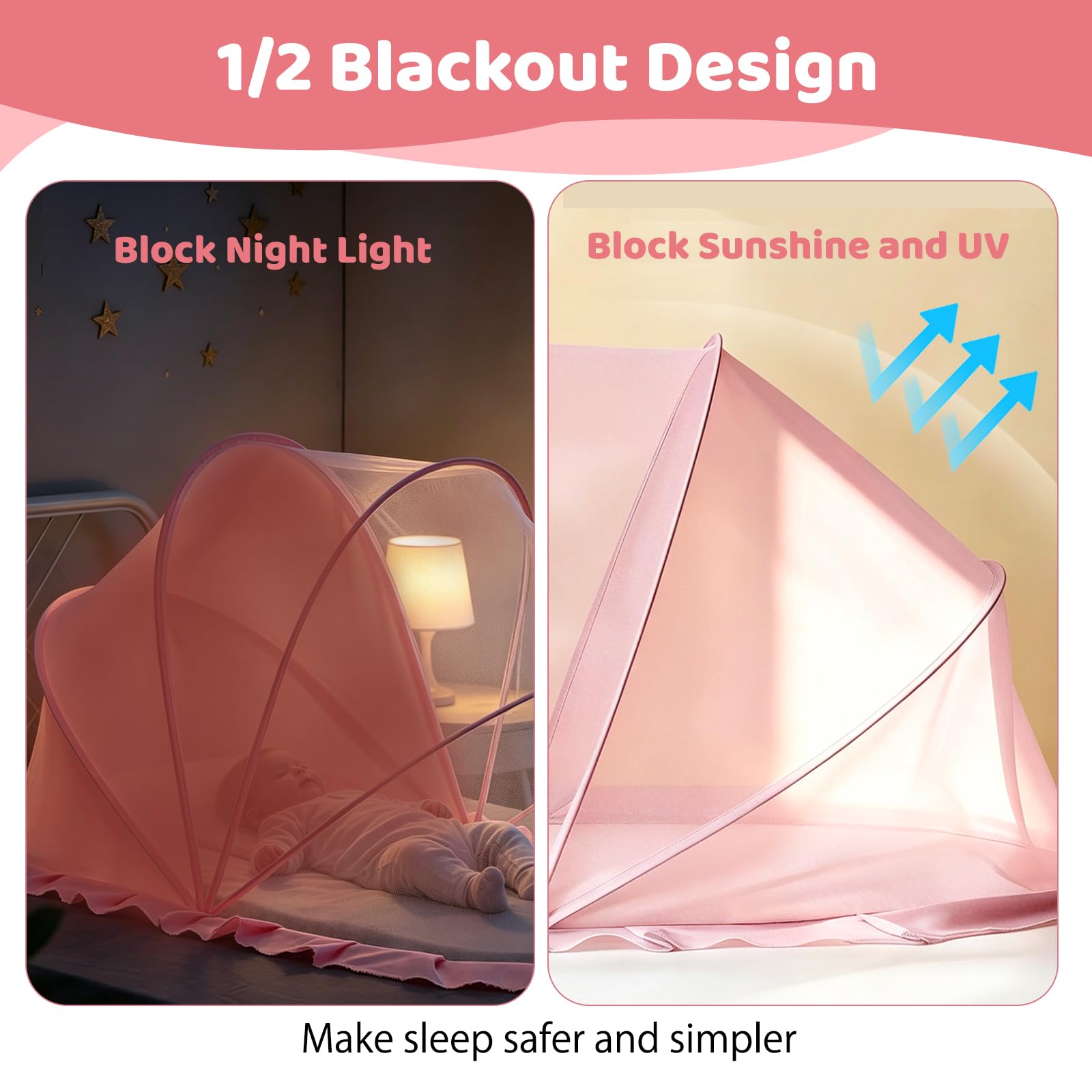 Zanzariera Pop Up 125 × 65 × 60 cm, Semi Ombreggiante, Pieghevole e Portatile, Zanzariera per Culla Neonato, Zanzariera Traspirante per Bambini, Adatta per Letti e Viaggi (Rosa)