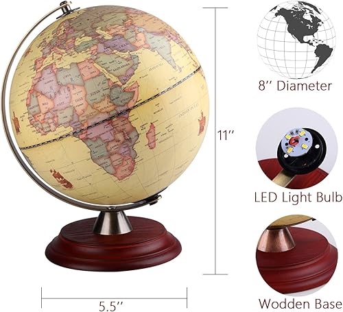 Miniatura 4 de Globo terráqueo para niños con iluminación y soporte de madera, LED integrado para visión nocturna iluminada, diseño antiguo para decoración del