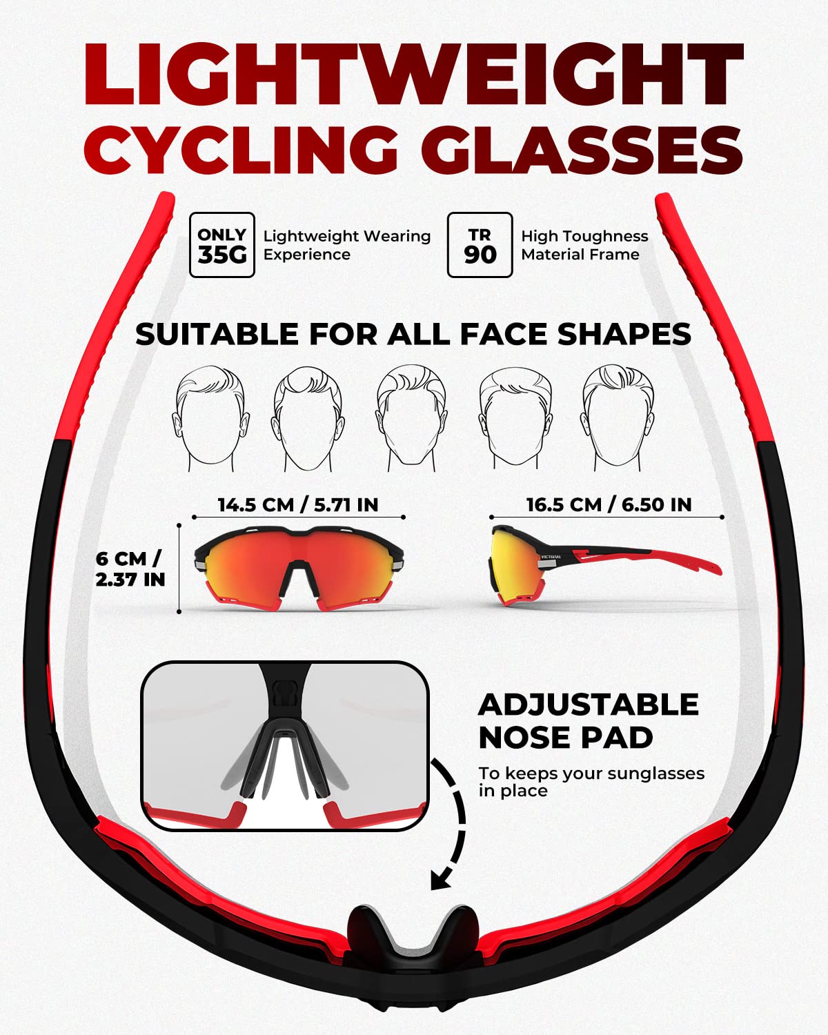 Victgoal Fahrradbrille Herren Damen UV400 Schutz Sonnenbrille, mit 2 Wechselgläser Polarisierte & Photochrome Selbsttönend, Schutzbrille Sportbrille für Outdoorsports wie Radfahren Laufen Angeln