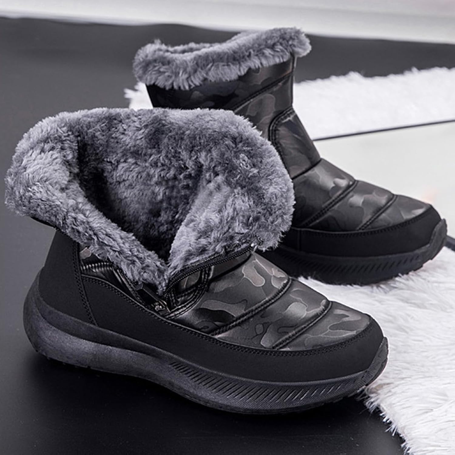 Women's Leather Waterproof Insulated Winter Wedge Snow Ankle Boots Comfortable Cold-Resistant Warm Fluff Lined Anti-Slip Side Zipper Platform Short Boot for Cold Weather Outdoor Work - Image 2