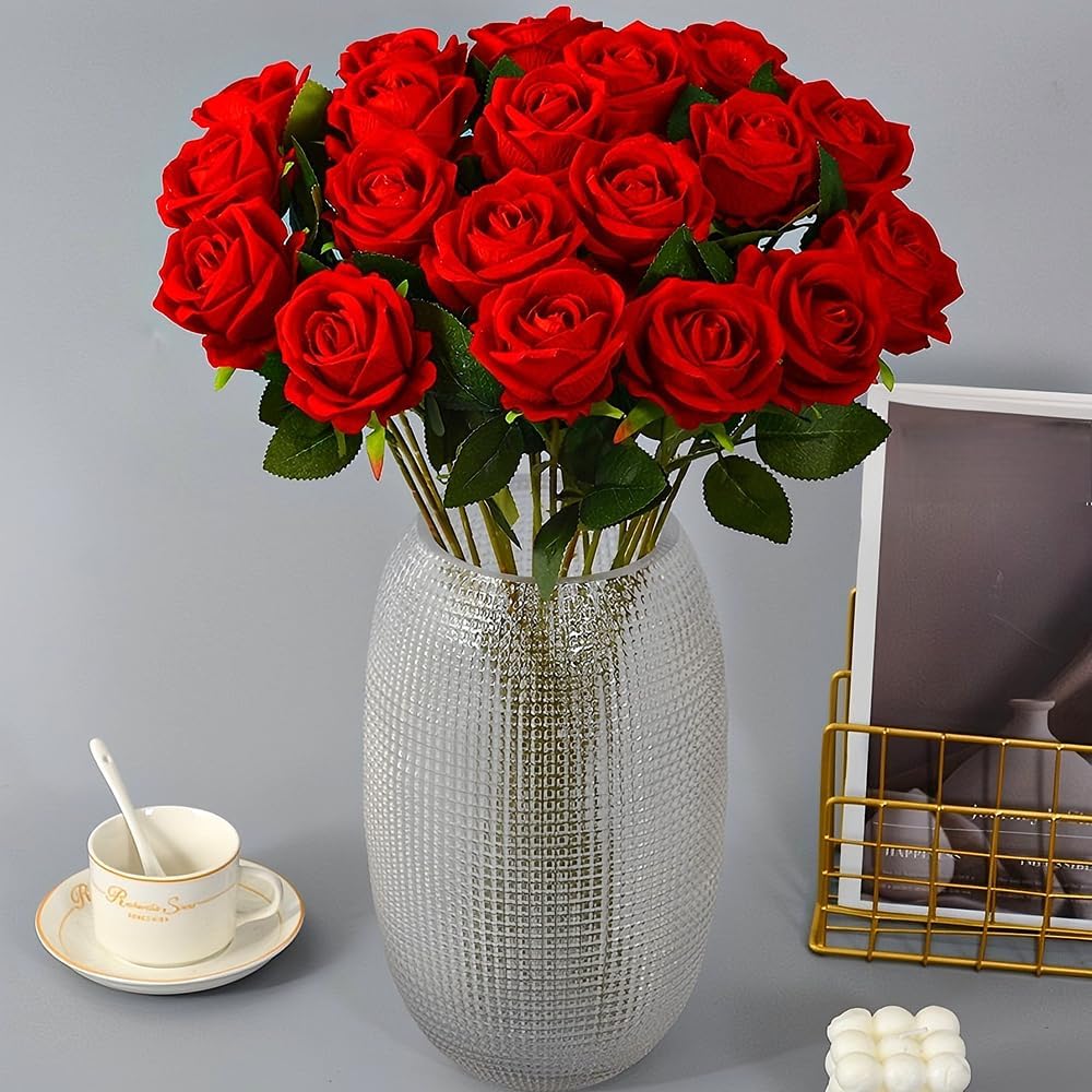 Artificial Roses 50 Pcs Velvet Silk Rose Real Touch Long Stem Fake Flowers in Bulk for Flower Arrangement Wedding Centerpieces Home Party Decor (Red)