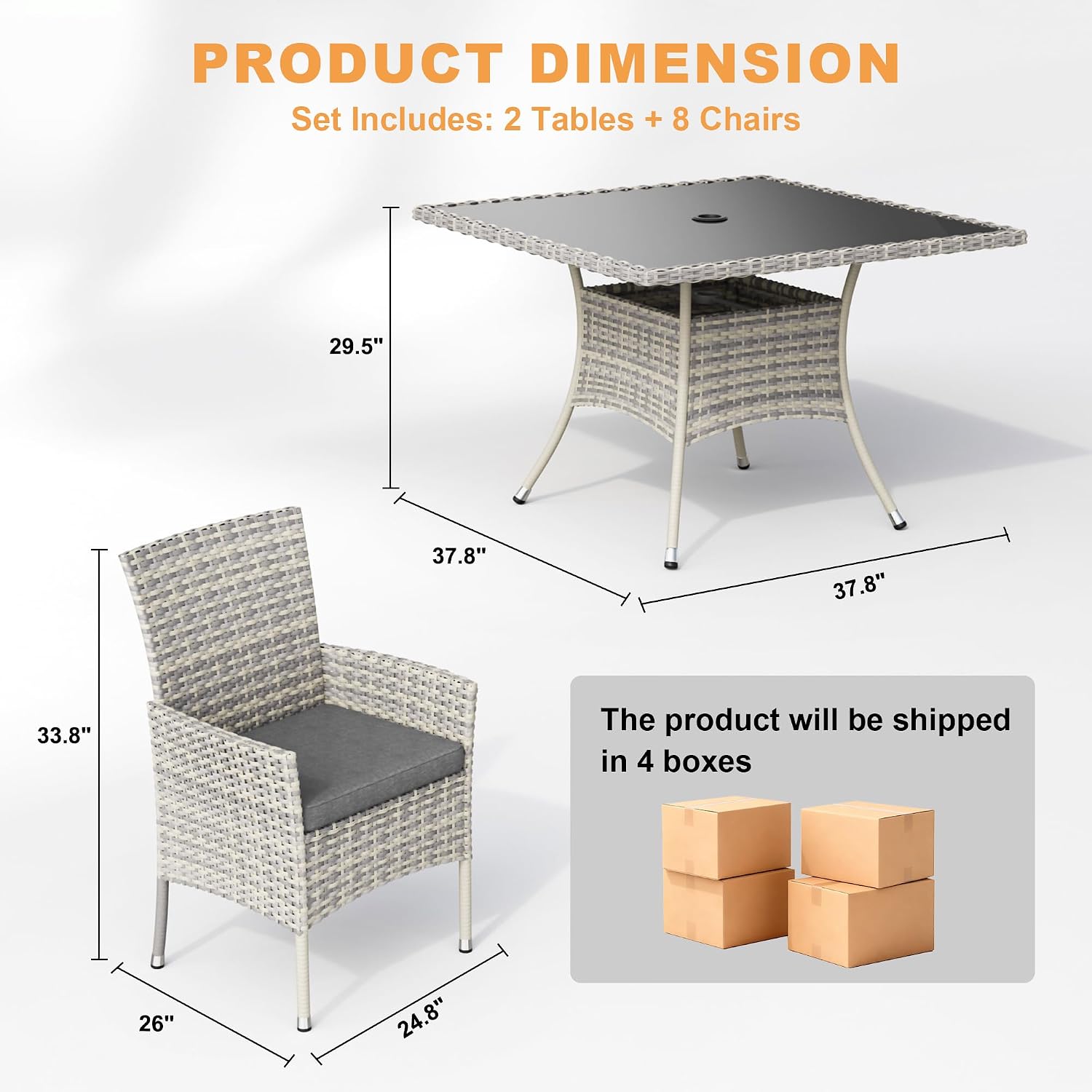 10-Piece Patio Dining Set, Patio Furniture Set with Square Tempered Glass Table & 8 Wicker Chairs, Expandable Design for Larger Groups, Outdoor Furniture for Backyard, Deck, Garden, Grey