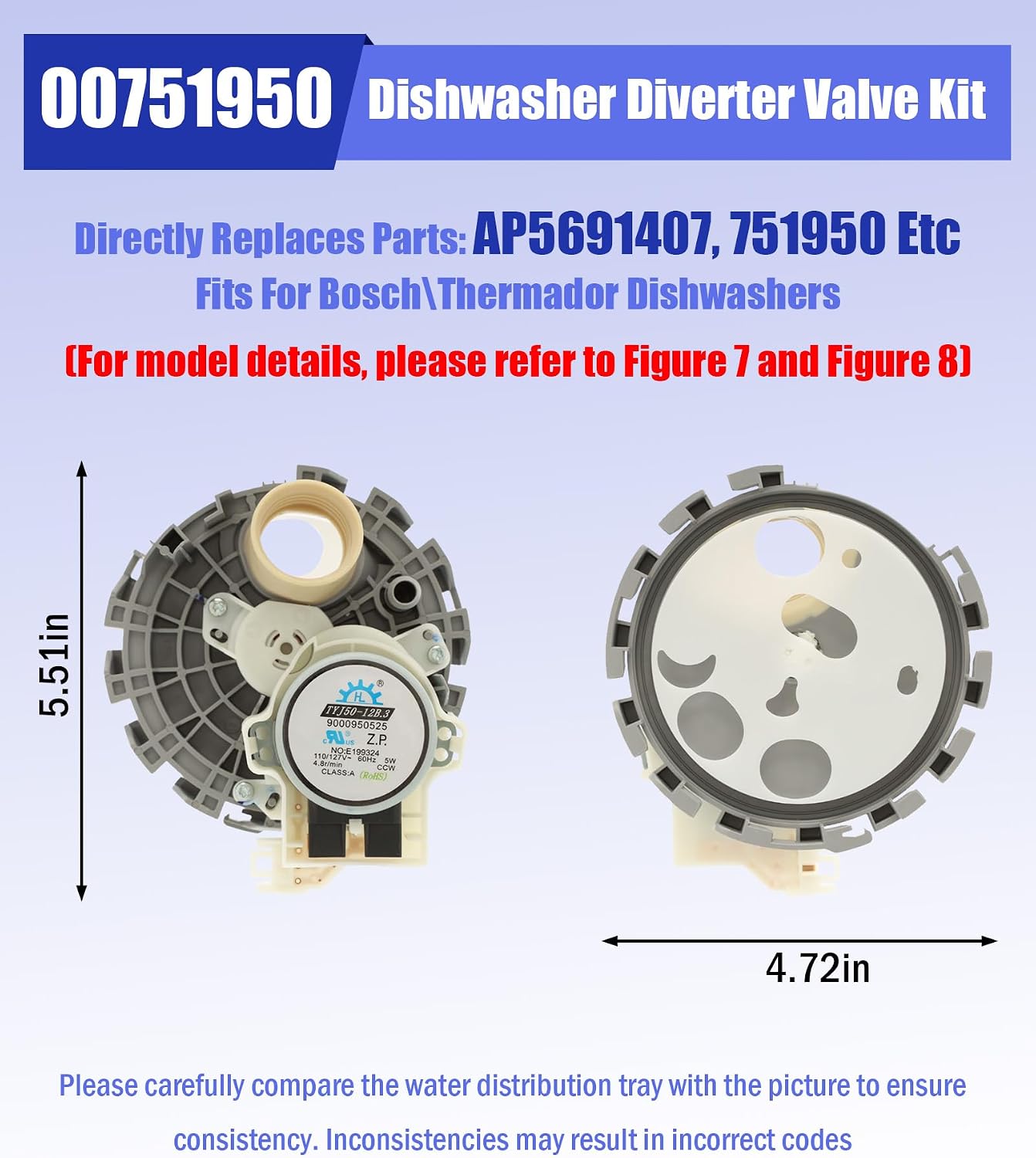 00751950 120V, 60Hz,Dishwasher Diverter Valve（with seal）Replacement For BoschThermador Dishwashers Diverter Valve,Dishwasher Diverter Assembly Replacement part number: AP5691407, 751950 Etc