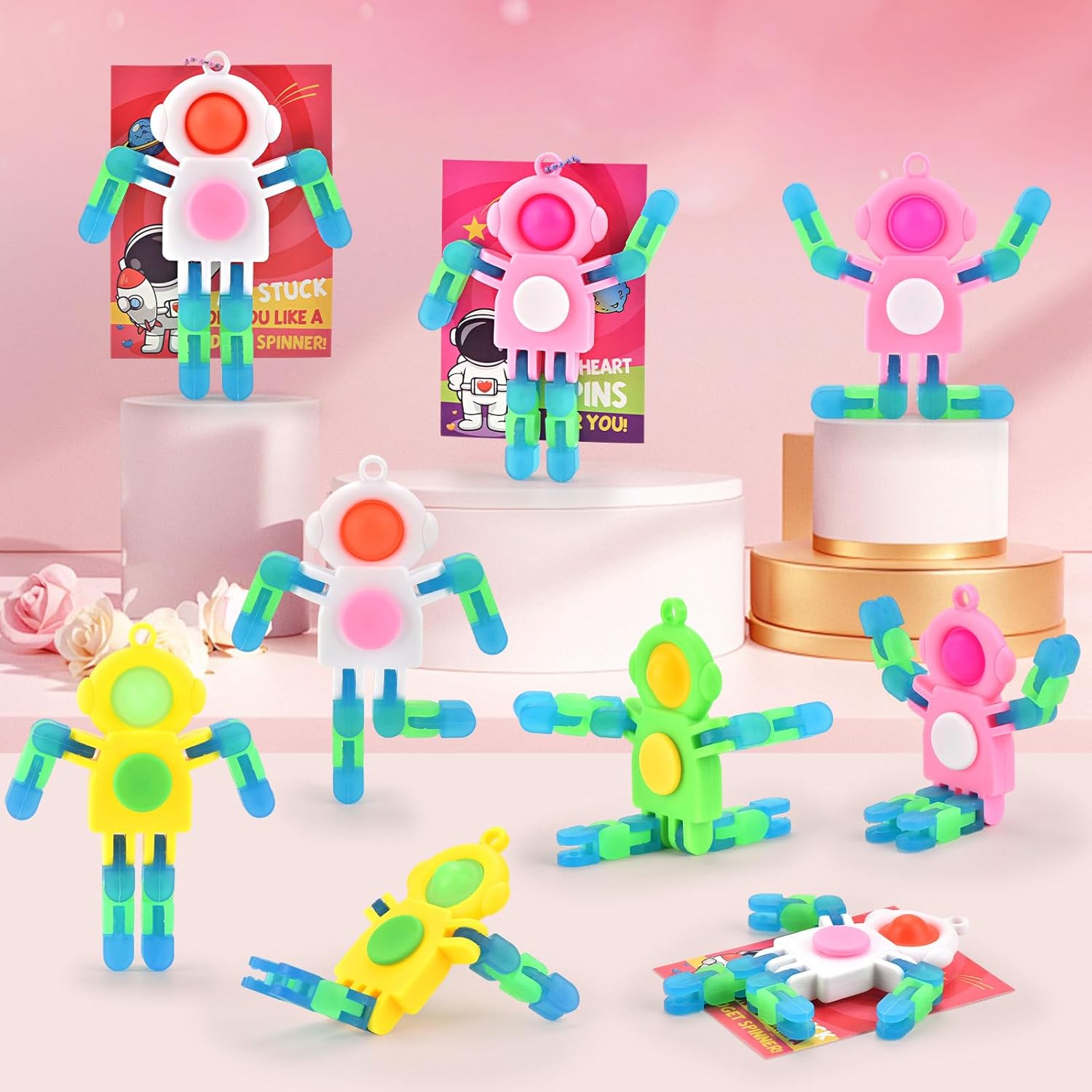 28 Pack Valentines Day Gifts for Kids — Space Astronaut Robot POP Fidget Spinner Toys with Cards for School Classroom Exchange, Party Favors & Game Prizes, Boys Girls
