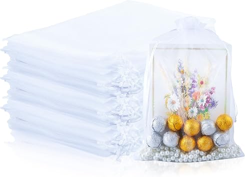 Mstar Packing 100PCS Premium Sheer Organza Bags, White Wedding Favor Bags, 6.6 x 9 inch Reusable Large Mesh Bag Drawstring Jewelry Gift Bag for Party, Christmas, Makeup Organza, Wrapping Supplies
