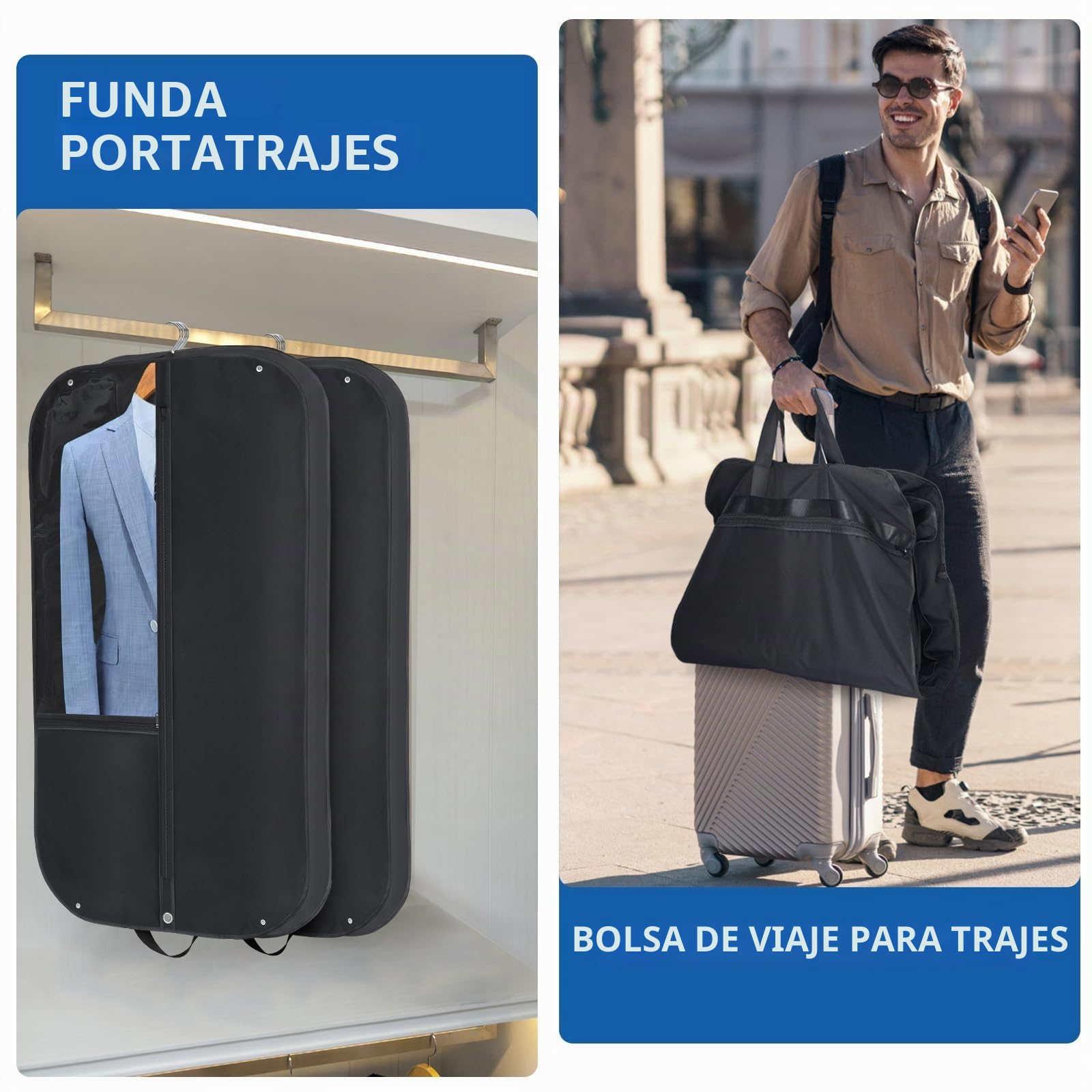 Bolsa Portatrajes de Viaje Premium 110x60cm para Hombre - Plegable, Transpirable con Asa y Cremallera - Funda Porta Trajes Completo en Tejido Oxford