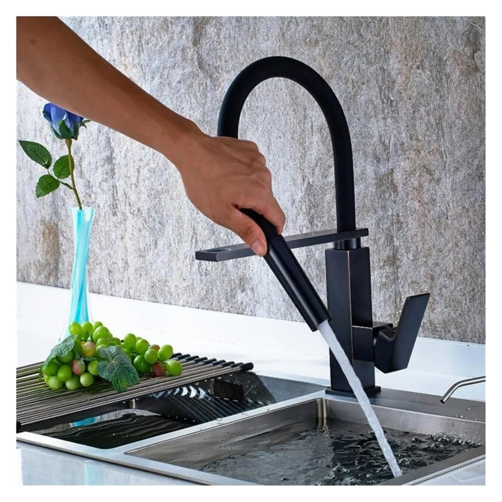 Grifo de Cocina extraíble Giratorio de 360 Grados, Grifo Mezclador de Cocina con Acabado Negro, Grifo Mezclador con manija Decorativa