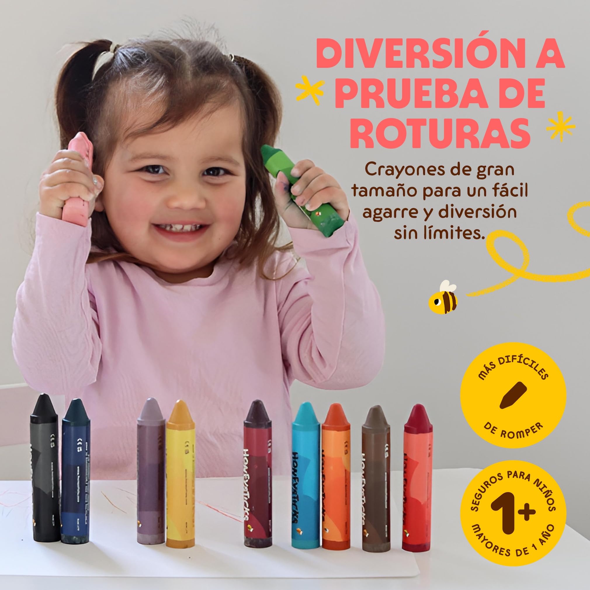 Honeysticks Lapices Super Jumbo Crayons (Paquete de 12) - Lapices cera abeja 100%, colores calidad alimentaria, 1-3 años, irrompibles, extra grandes, fáciles de sujetar y usar, ecológicos