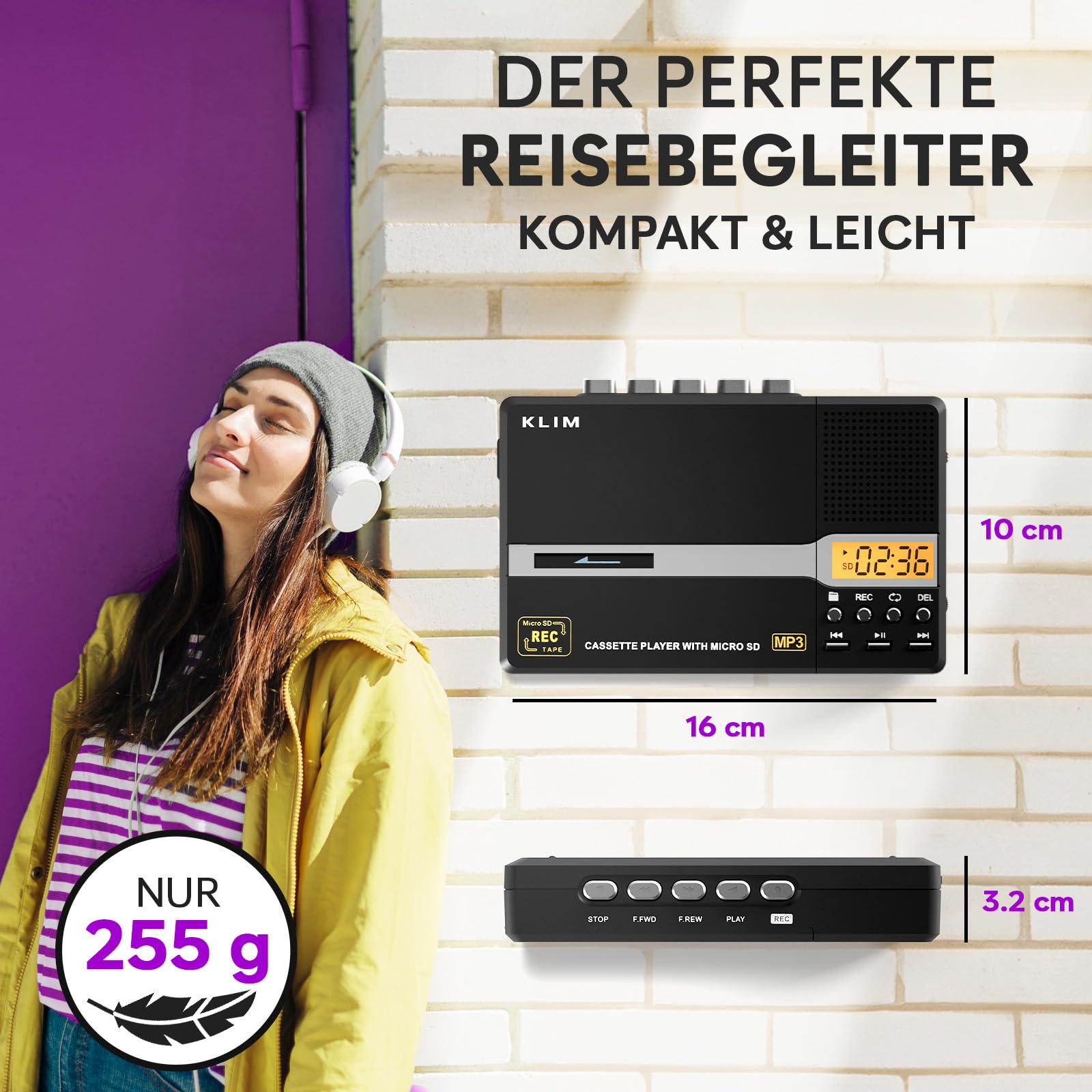 KLIM K10 Tragbare Kassettenspieler & Kassettenrecorder, Cassette Player & Kassette zu MP3 Konverter + Eingebautes Mikrofon & Lautsprecher + USB PC Transfer + Batterien/USB + 8GB SD Karte + Kopfhörer
