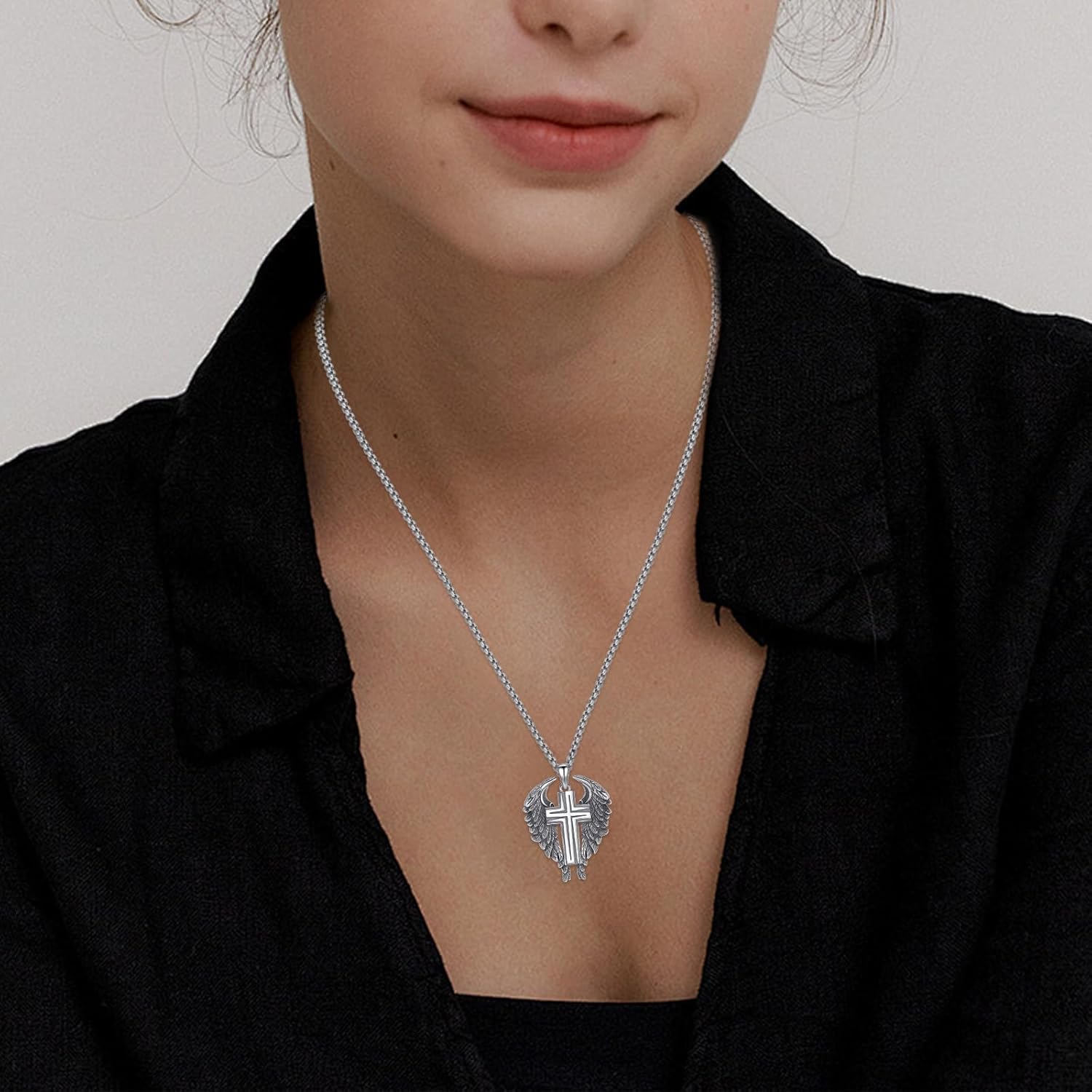 Cross Wings Necklace for Men Women S925 Sterling Silver Guardian Angel Wings Cross Pendant Necklaces Gifts for Men Angel's Wing Jewelry Birthday Gift 20+2 Inch Stainless Steel Chain - Image 3