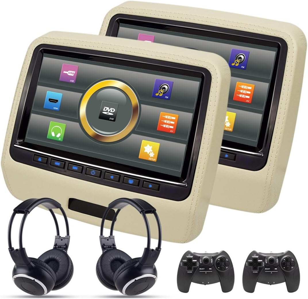 AUTOWINGS A-H9004Y Car Headrest DVD Player 9 inch Capacitive Touch Screen Leather with USB HDMI FM Transmitter Game Disc Remote IR Headphone Beige Pack of 2