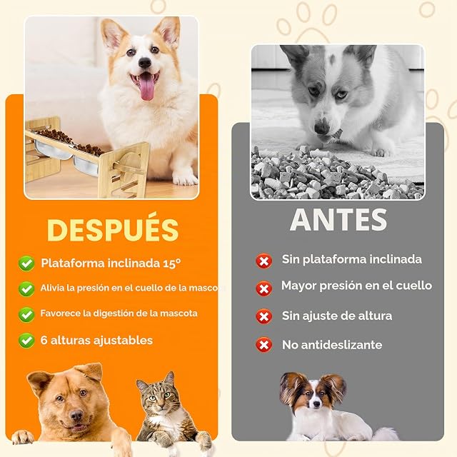 Foto 3 de 7 de Comedero para perros elevado, 42 x 17 x 20 cm, de madera, con 2 cuencos de acero inoxidable, altura ajustable