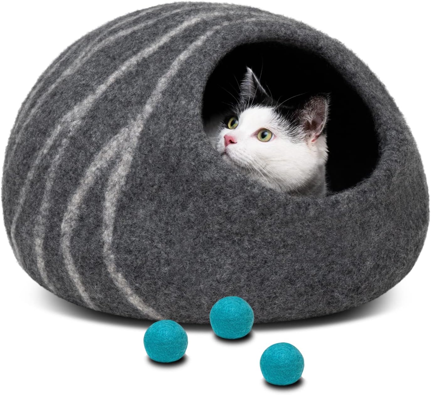 MEOWFIA Premium Felt Cat Bed Cave (Dark Grey/Medium) and Wool Ball Toys (6-Pack) Bundle
