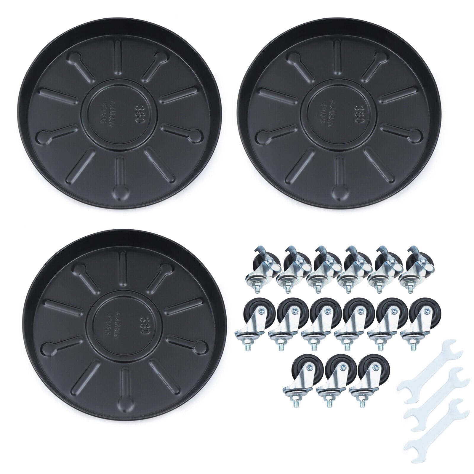 3 pcs metal plant caddy with wheels, 14.17 inch round pot trolley for indoor outdoor, flower pot mover planter rolling tray, with 15 wheels