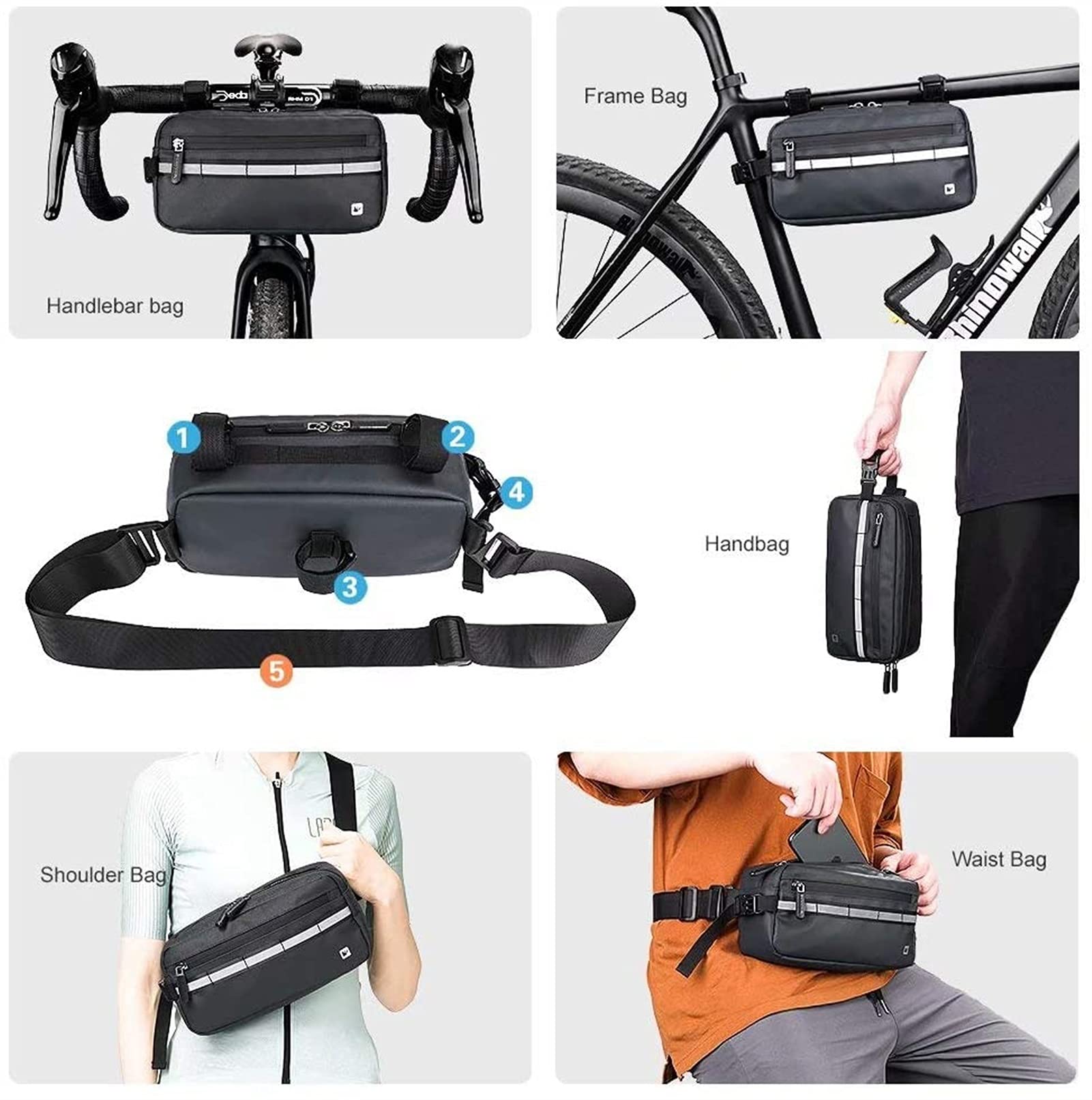 Bolsa for Manillar de Bicicleta, Multifuncional, for el Delantero la, for Ciclismo Carretera, for Tiempo Libre, riñonera, Bolso Pecho y Hombro(Black)
