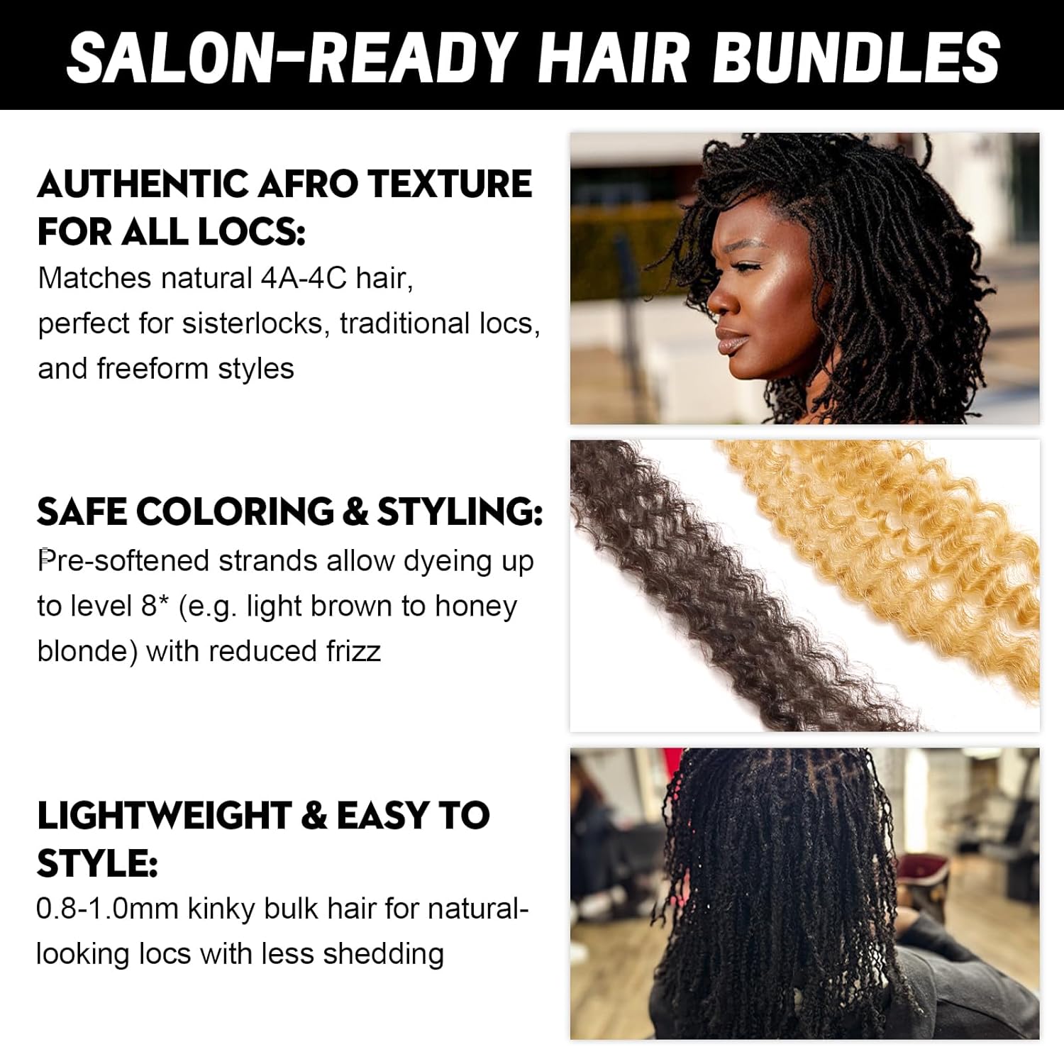 Afro Kinkys 100% Human Hair Bundles, 3 Pack 12 Inch Kinky Curly Hair Extensions 30g/Bundle, 1B Natural Black Matte Hair for Braiding, Twists & Dreadlocks
