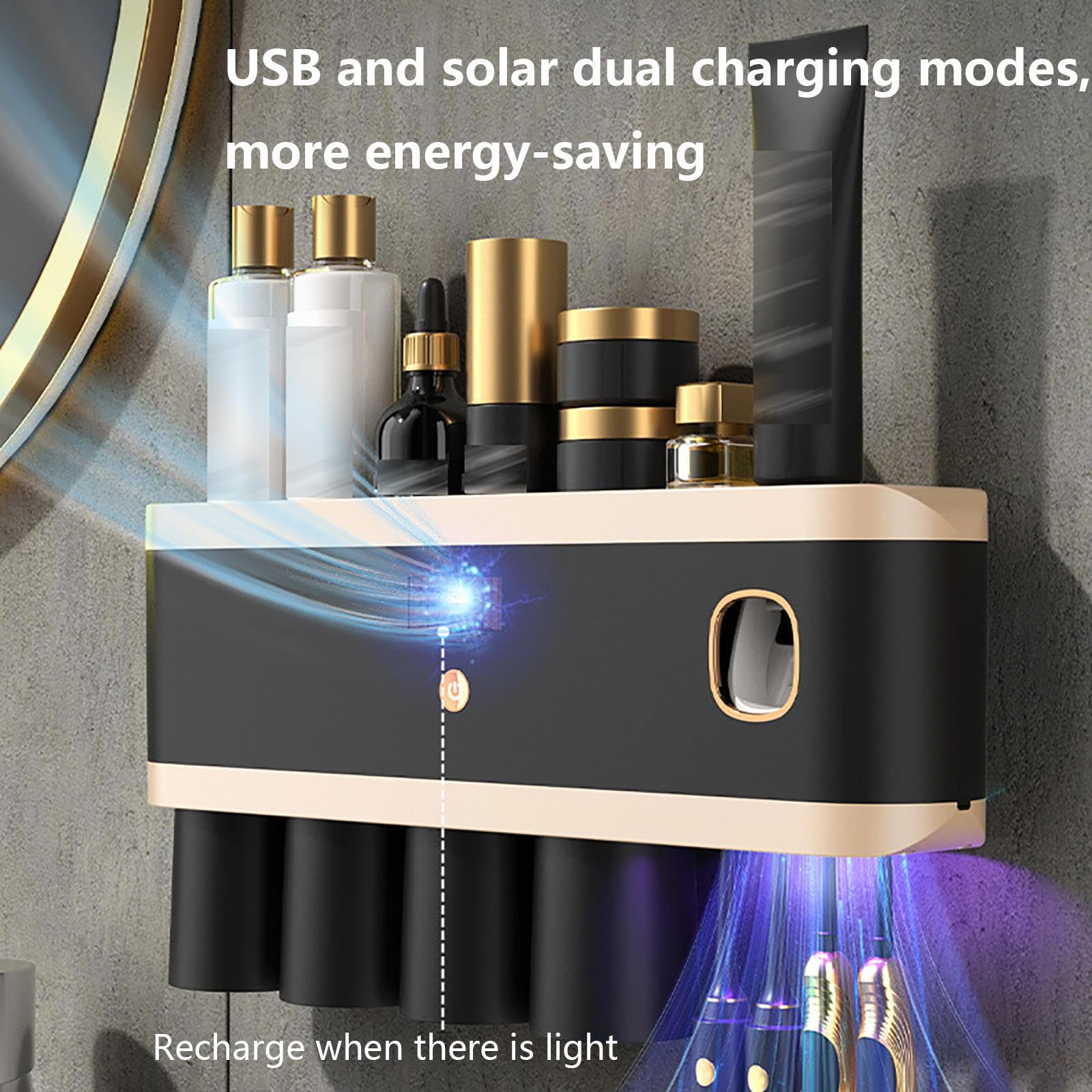 Soporte Cepillo De Dientes Inteligente Limpieza Profunda con UV, Toothbrush Holder Montado En La Pared con Múltiples Ranuras De Carga Solar USB, Soporte para Cepillos De Dientes,2-Cups