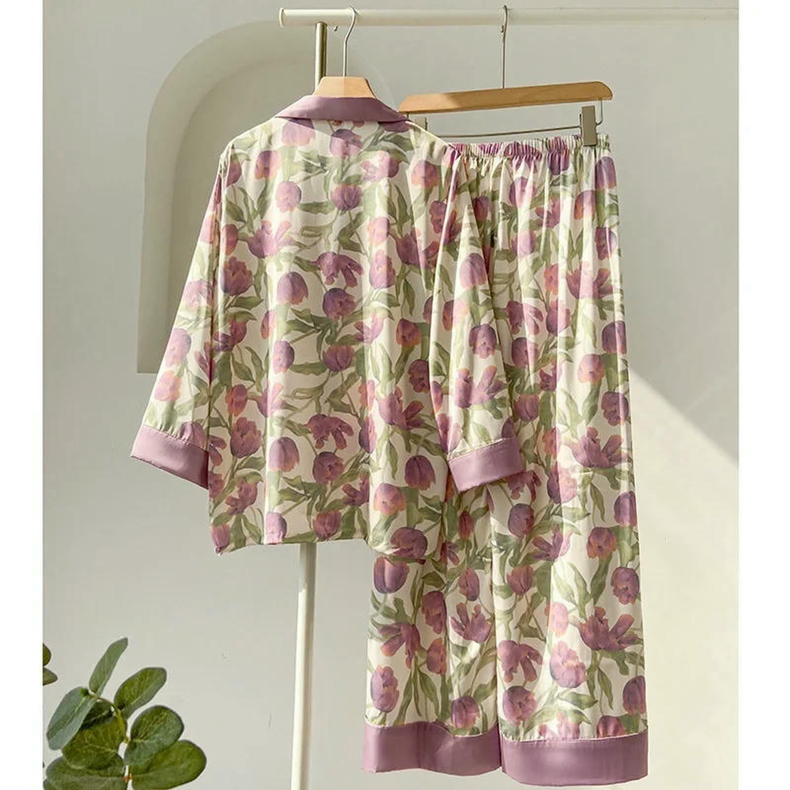Pigiama con Stampa Tulipano Casual Dolce da Donna Set Abiti A Maniche Lunghe Primaverili E Autunnali Che Possono Essere Indossati Indumenti Notte-Manica Corta-m