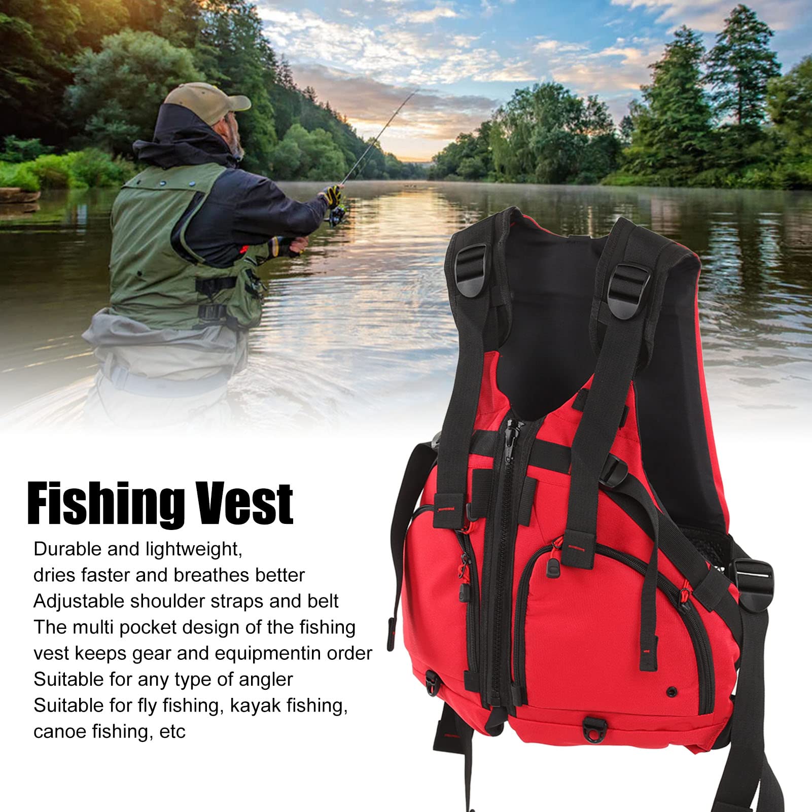 Chaleco de Pesca al Aire Bolsillos múltiples poliéster Premium Correas Ligeras Ajustables diseño de Bolsillo múltiple para Pesca con Mosca Pesca Kayak Pesca Rojo tamaño