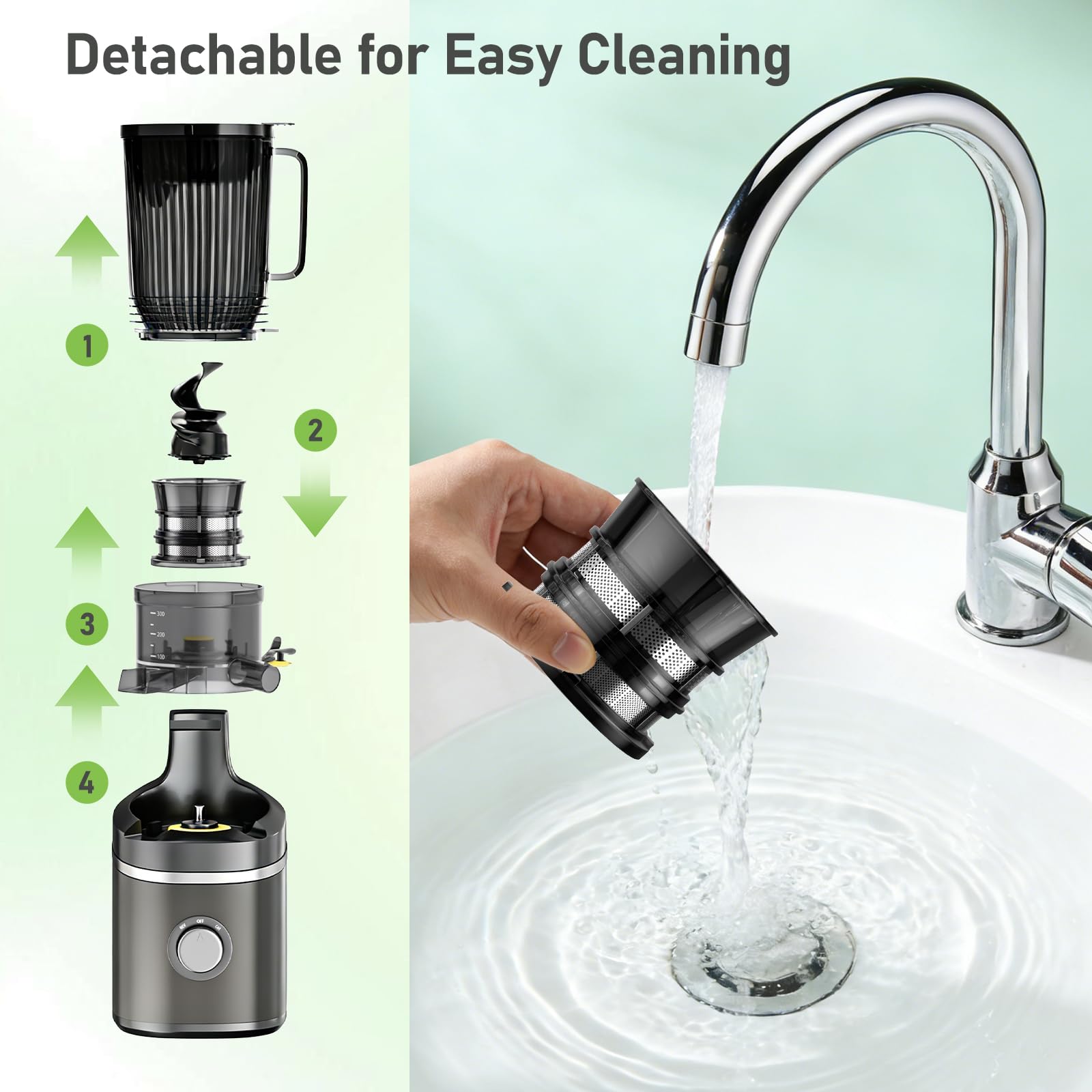 Extractor de Zumo Profesional 120mm, Exprimidor Eléctrico Lento 65RPM con Tritan(Libre de BPA), Slow Juicer 2.3L de Gran Capacidad para Frutas y Verduras - Máximo Nutriente, Incluye Cepillo