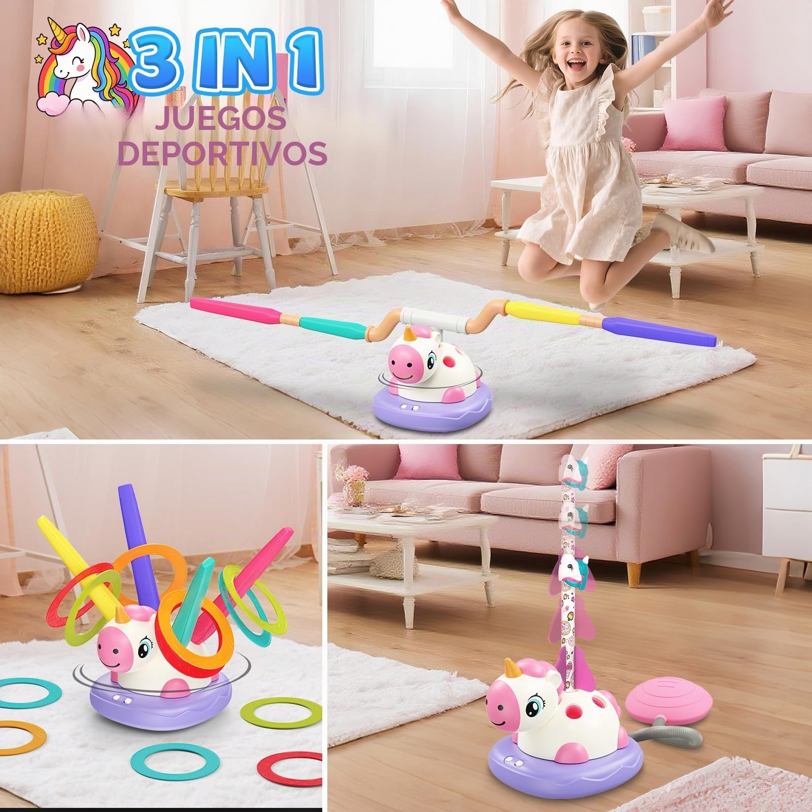 Unicornio Juguetes para Niñas 3-9 años 3 en 1 Juego Musical Saltar Cohete Lanzamiento Aros Regalo Cumpleaños