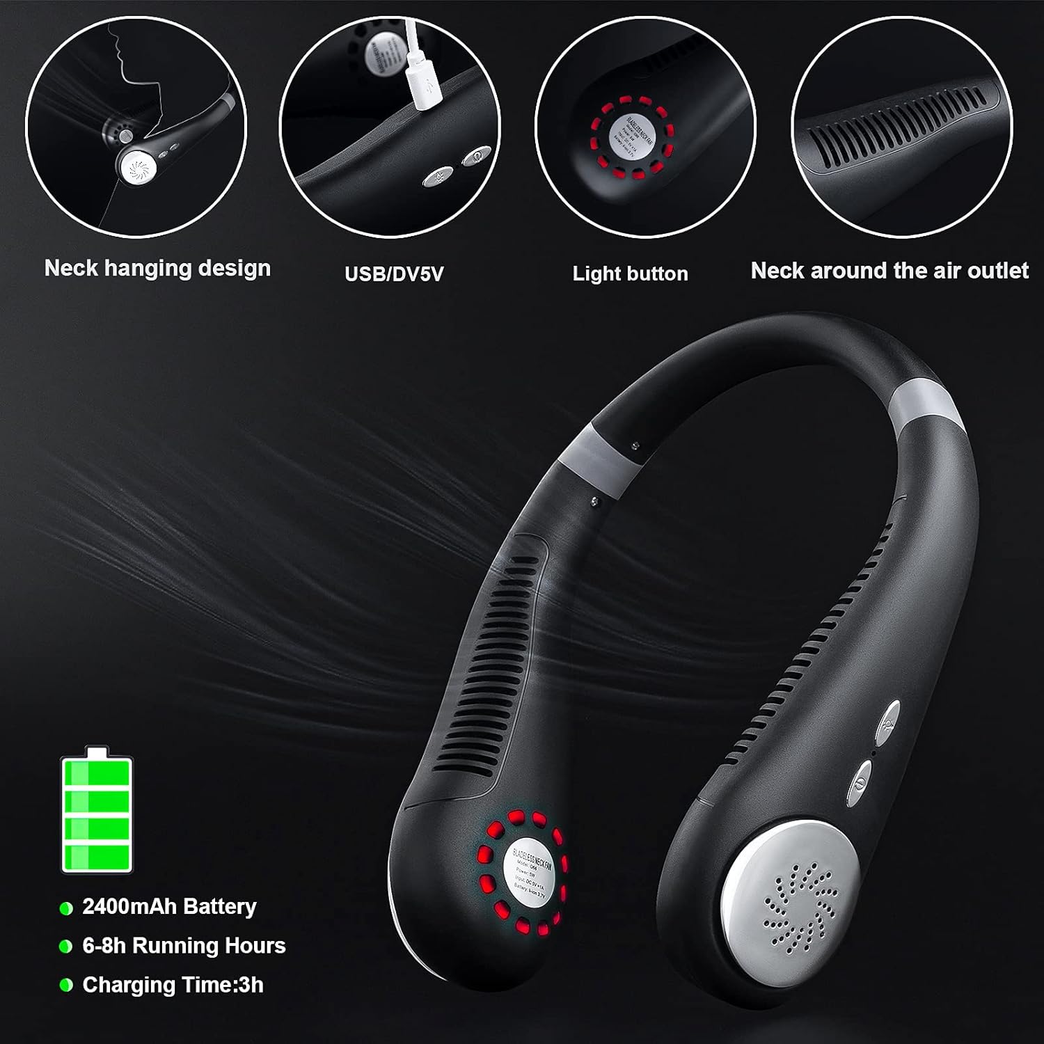 Personal Neck Fan,Bladeless Rechargeable USB Powered Fan,Adjustable Strong Cooling Wind with Light(Green) : Home & Kitchen