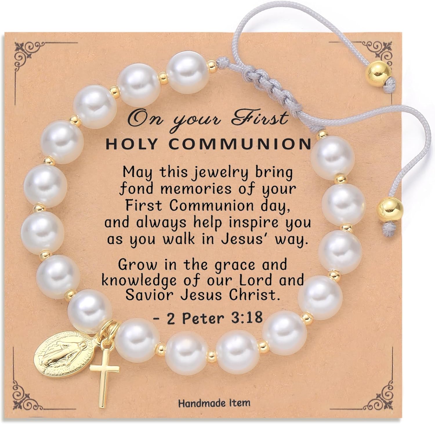 Initial First Holy Communion Confirmation Baptism Bracelets Gifts for Women Girls, Catholic First 1st Communion 14K Gold Pearl Cross Charm Bracelet Personalized A-Z for Goddaughter Niece