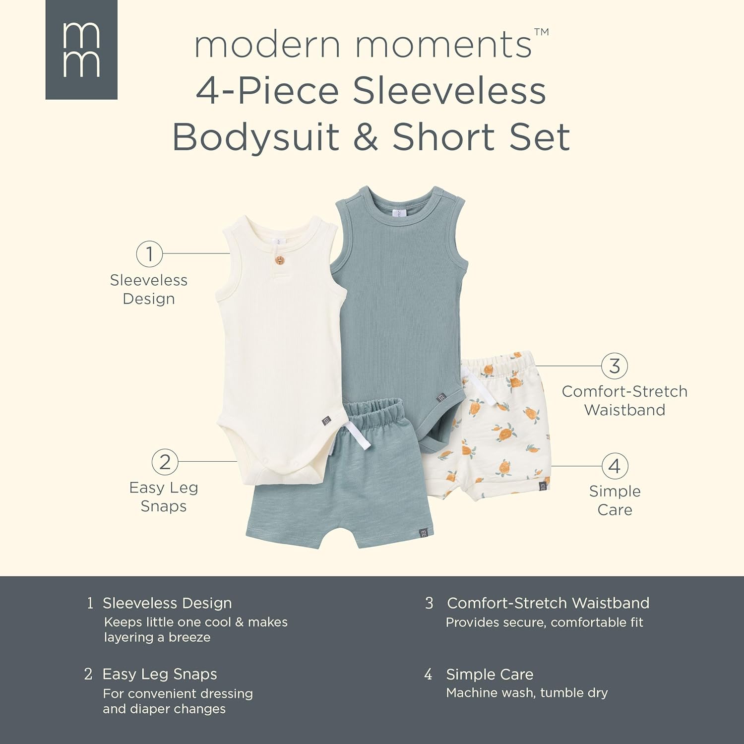 Modern Moments by Gerber baby-boys Ribbed 4-piece Sleevless Bodysuit & French Terry Short Set - Image 6