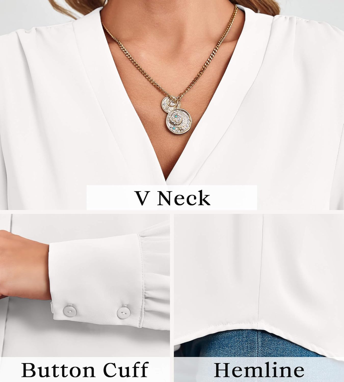 Women's Business Casual Tops Summer Long Sleeve Button Down Shirts V Neck Chiffon Blouses - Image 5