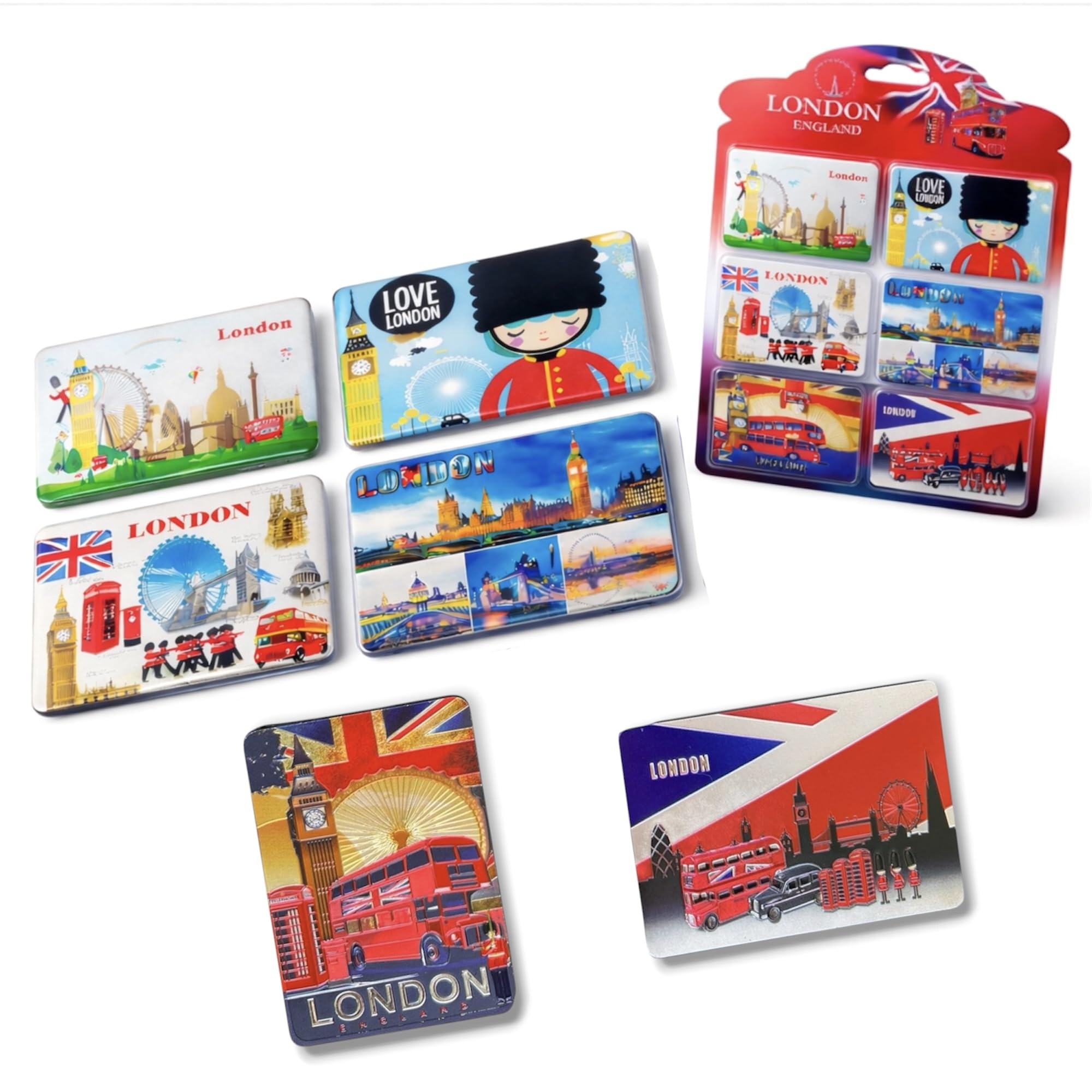 Bells Box Multicolor Fridge Magnets 6 London Souvenir Union Jack Flag Picture Magnets British Souvenirs England Iconic Landmarks Metallic Shiny Photo Magnet