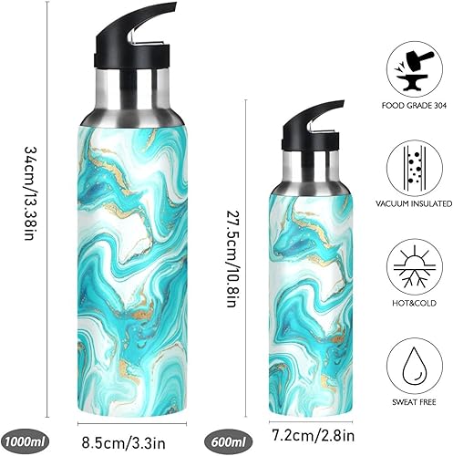 Miniatura 2 de Stainless Steel Vacuum Insulated Water Bottle 32 Oz, Leakproof Water Bottles for Gym Outdoor Travel School, Marble Aqua Blue