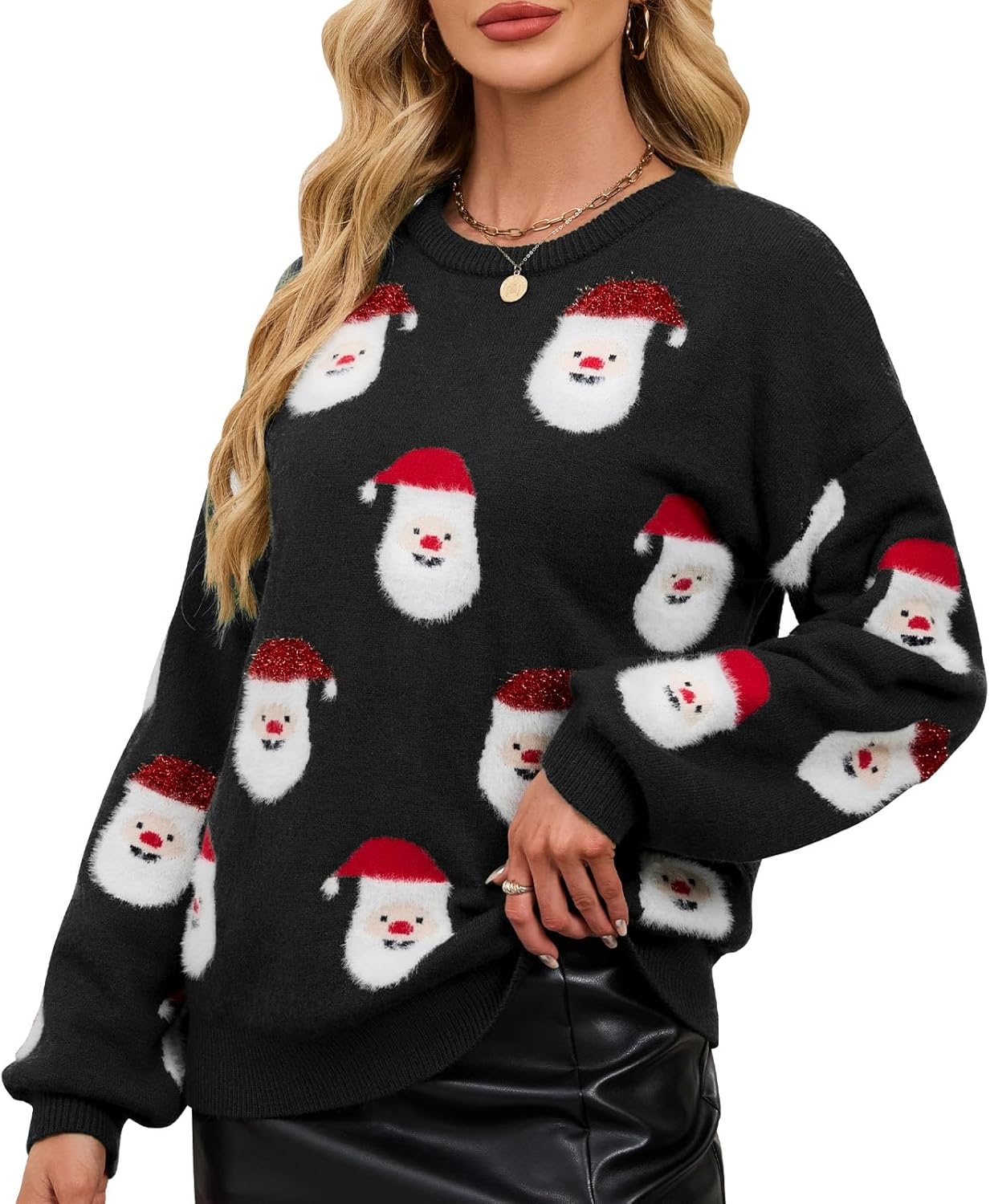 Ugly Christmas Sweater for Women Funny Santa Long Sleeve Knitted Xmas Pullover Cute Wintertime Holiday Parties Tops