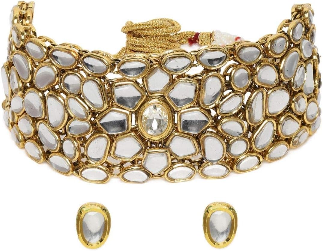 Gold-Plated Kundan Bridal Choker Necklace Set with Earrings | Traditional Indian Ethnic Jewellery for Weddings & Festivals Pack of 1 (Choker Set with earrings) for Women & Girls