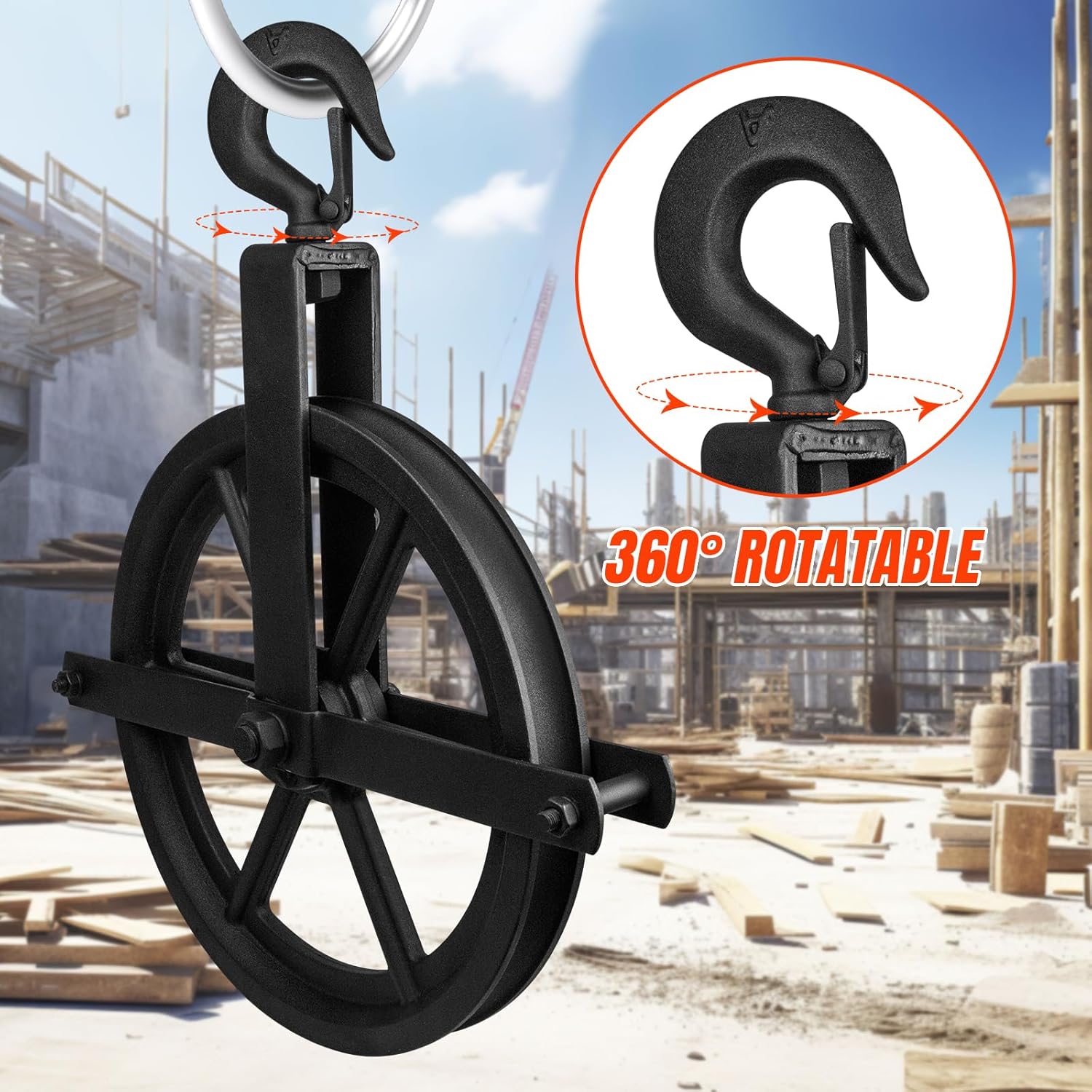 Scaffold 12" Cast Iron Hoist Pulley Wheel,Working Load up to 1000 Lbs Lifting or Lowering,Gin Block Pulleys for Lifting (Black)