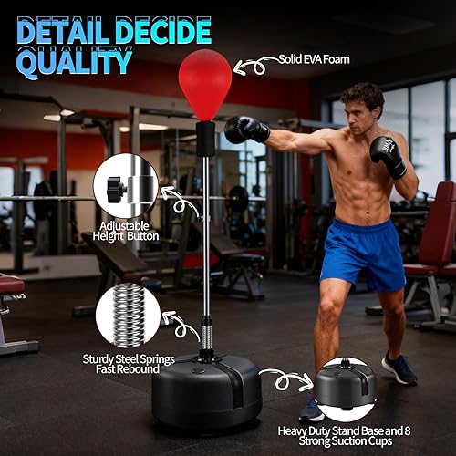 Miniatura 4 de Saco de boxeo con soporte, bolsa refleja con guantes de boxeo, bolsa de boxeo para adolescentes y adultos, altura ajustable, bolsa de velocidad para