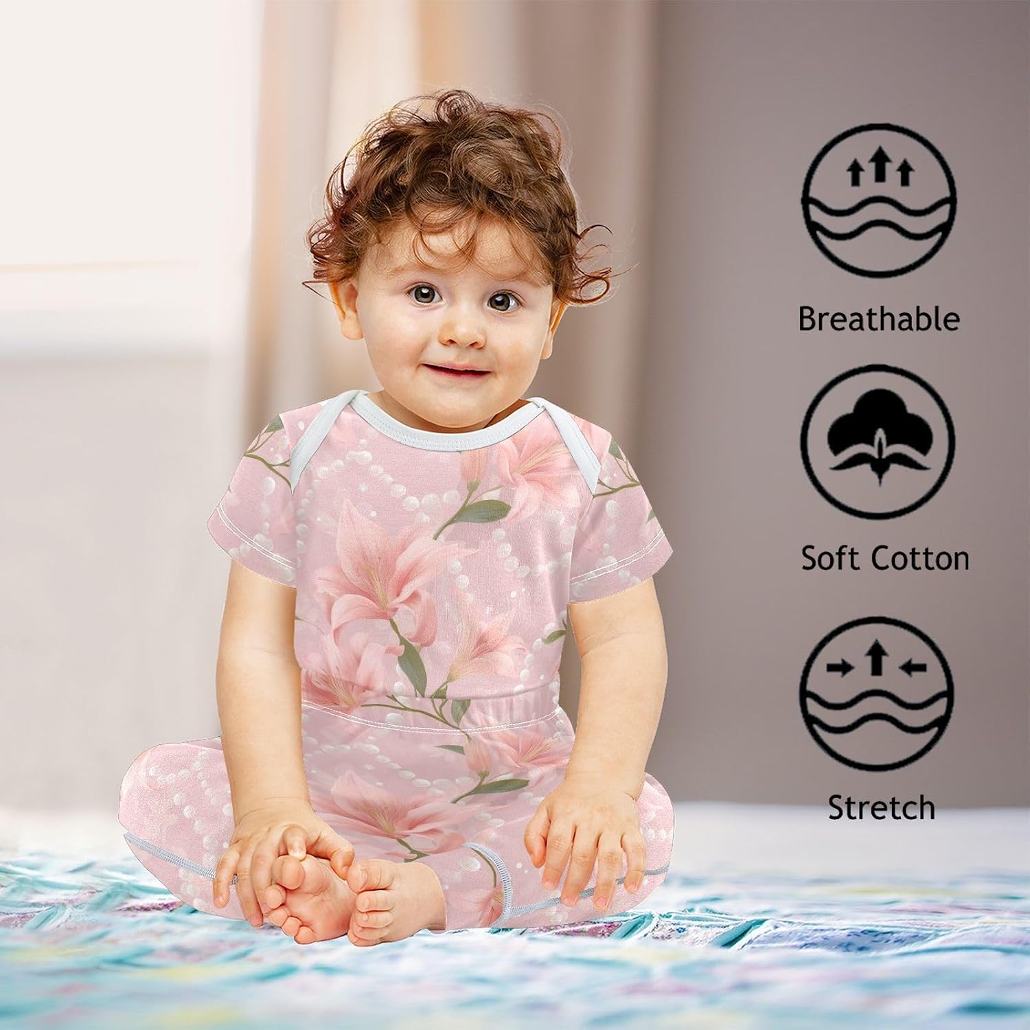 vvfelixl Baby Clothes Elegant Pink Lily Baby Bodysuits Set Unisex Short Sleeve Babys Pants Sets 0-3M