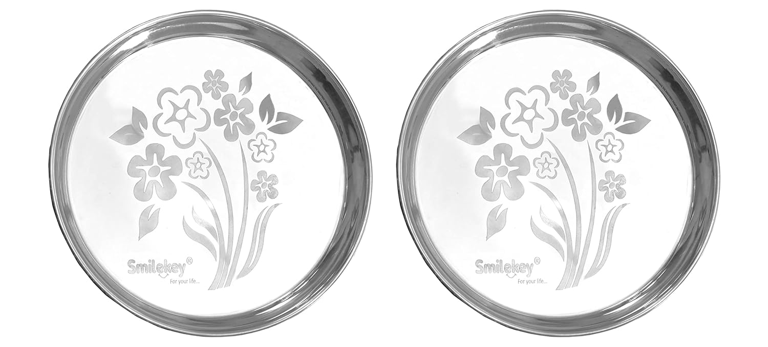 Buy Smilekey Steel Plates Set of 2 Dinner/Lunch Plate thali deep with Beautiful Floral Design