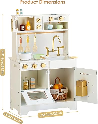 Miniatura 4 de Cocina de juego de madera para niños con máquina de hielo pequeño juego de cocina de simulación blanco con fregadero, estufa, horno y microondas,