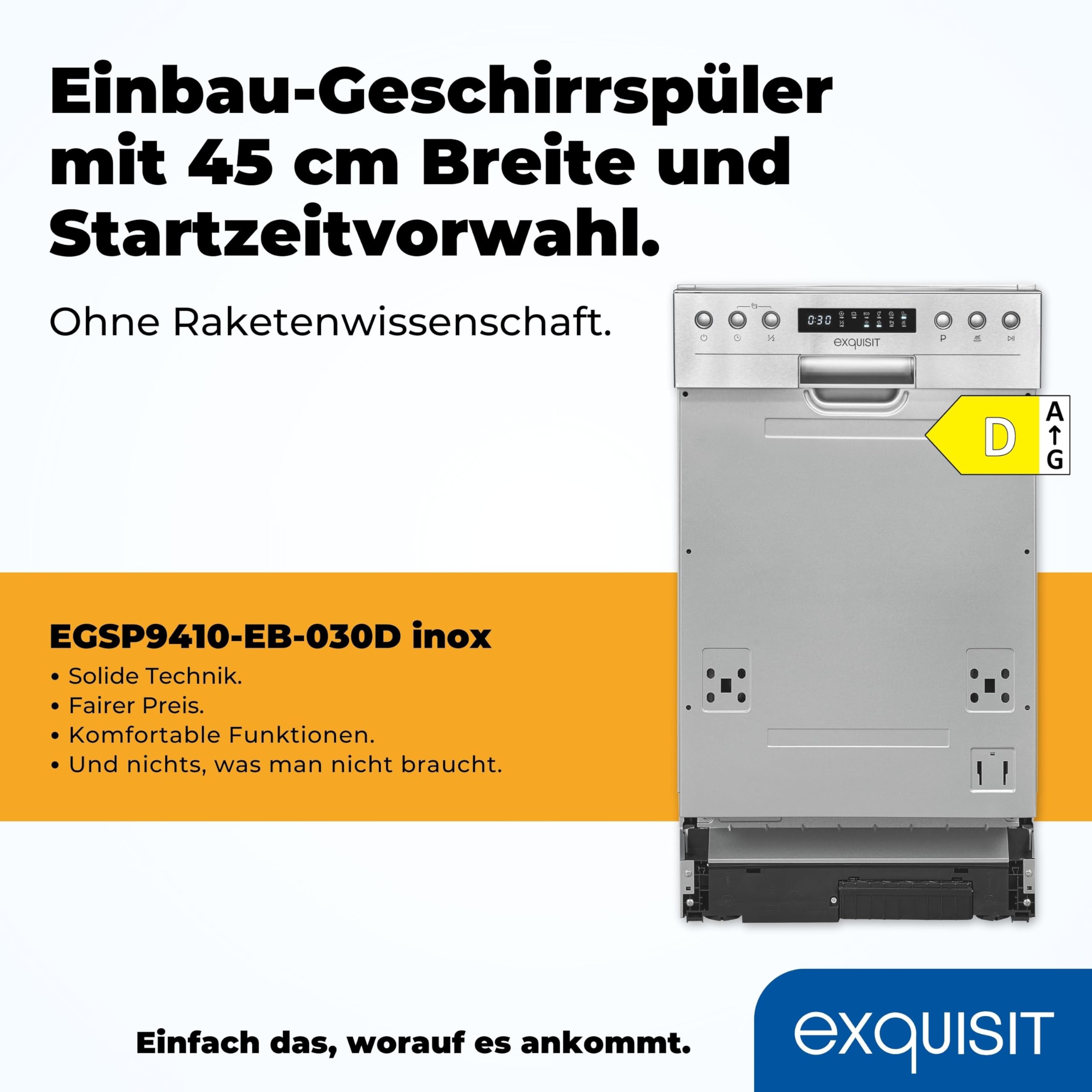 Exquisit Einbaugeschirrspüler EGSP9410-EB-030D inox 45cm Teilintegriert Auto-Door-Open Flexible Besteckablage