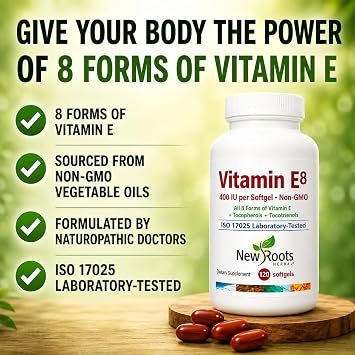 NEW ROOTS HERBAL Vitamin E Capsules (400 IU), Vitamin E8 Supplement with All 8 Tocopherols & Tocotrienols for Women & Men (120 Softgels)