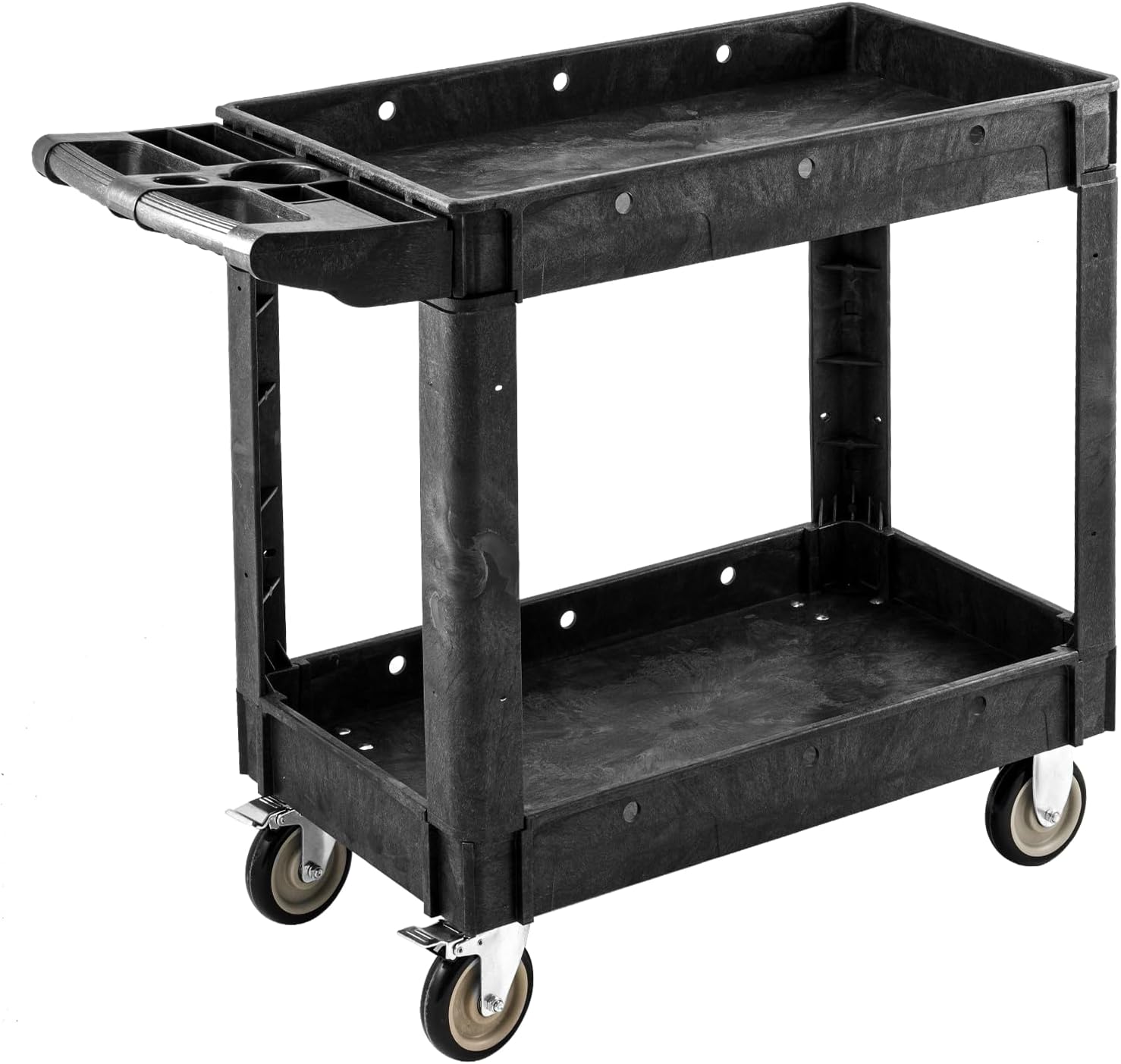 640 lbs capacity heavy duty utility cart with wheels, plastic 2-tier rollingtool cart black, 360° universal wheels with 2 brakes for warehouse, garage