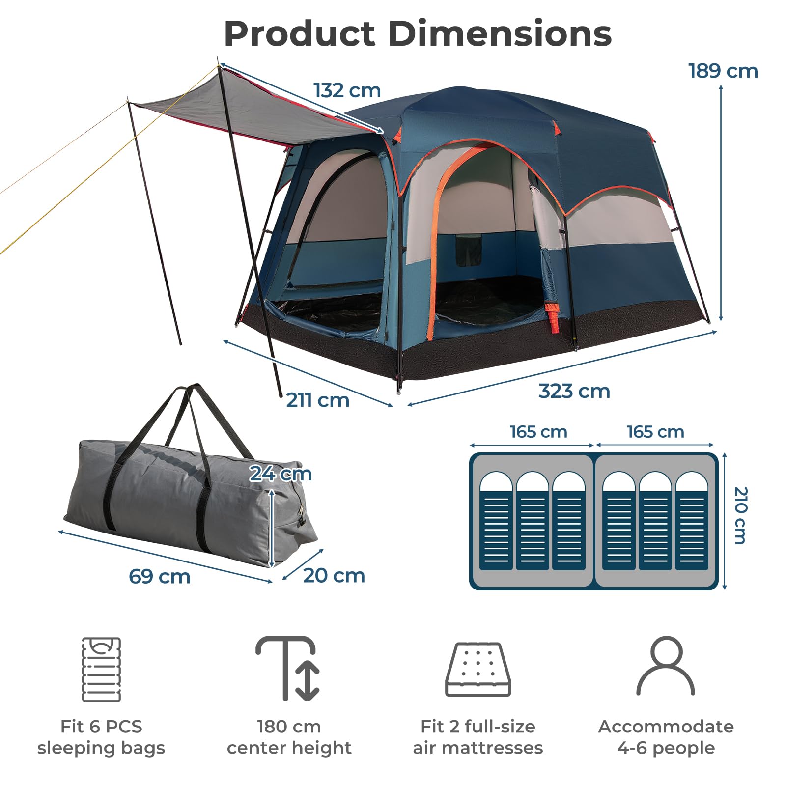 HOMASIS Tente de Camping avec Auvent 4-6 Personnes pour Famille, Tente Tunnel avec 2 Séparateurs de Pièce et 3 Entrées avec Sac de Transport pour randonnée, Facile à Monter