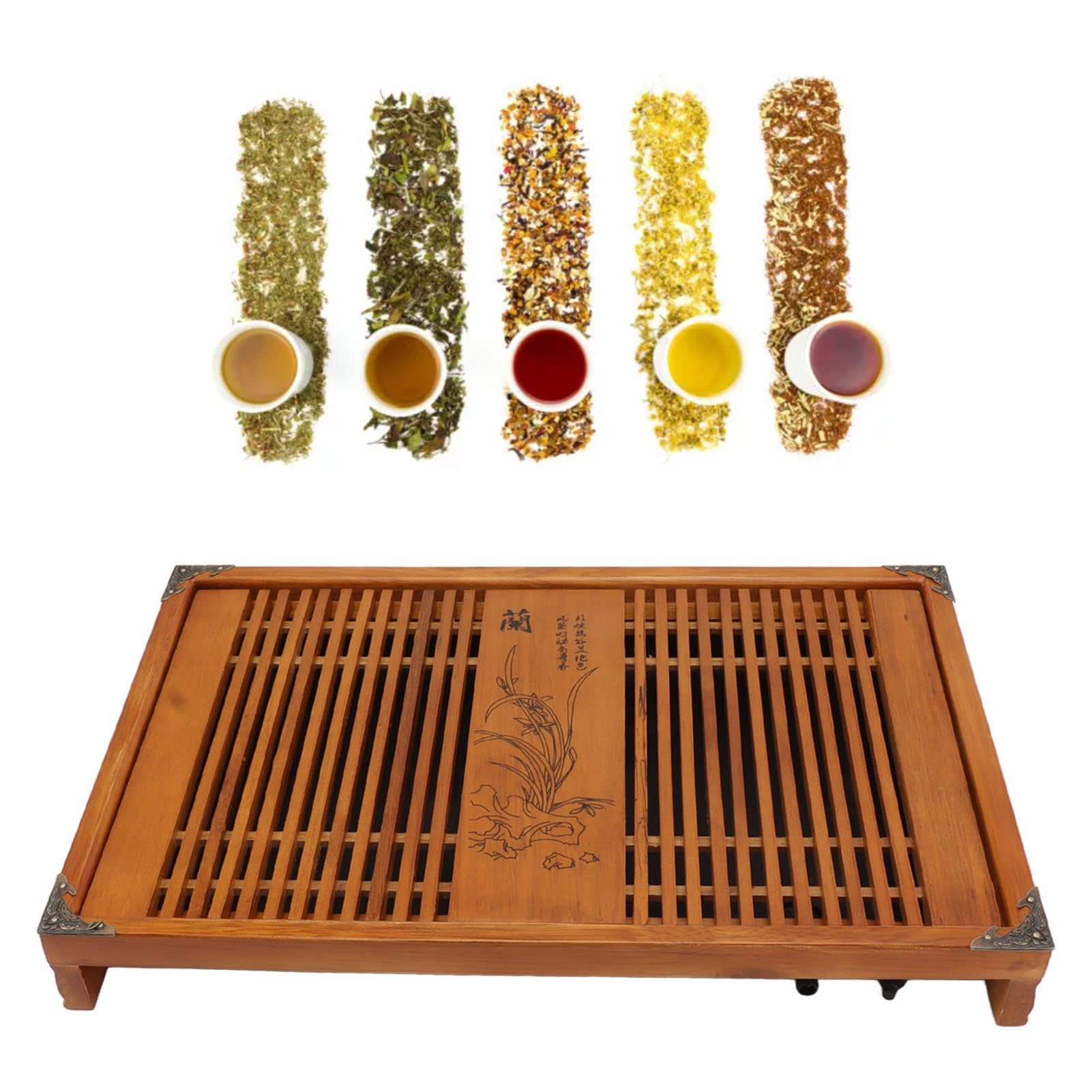Chinesisches Kongfu-Teetablett, Hölzernes Teetablett mit Wasserspeicher-Drainage, Doppelschichtiges Teetablett für Teetisch, Heimtee-Serviertablett für Büro, Japanisches Teetablett (Gelbe Orchidee)
